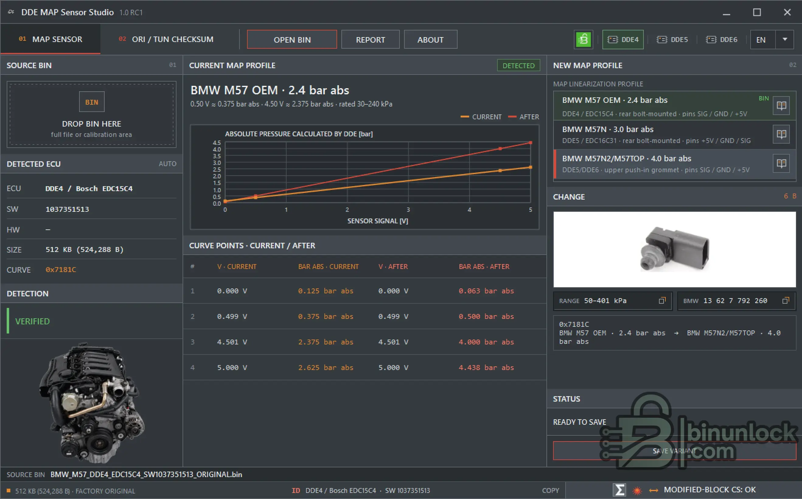 BMW DDE MAP Sensor Studio showing DDE4 Bosch EDC15C4 M57 MAP sensor linearization conversion with current and after pressure curves.