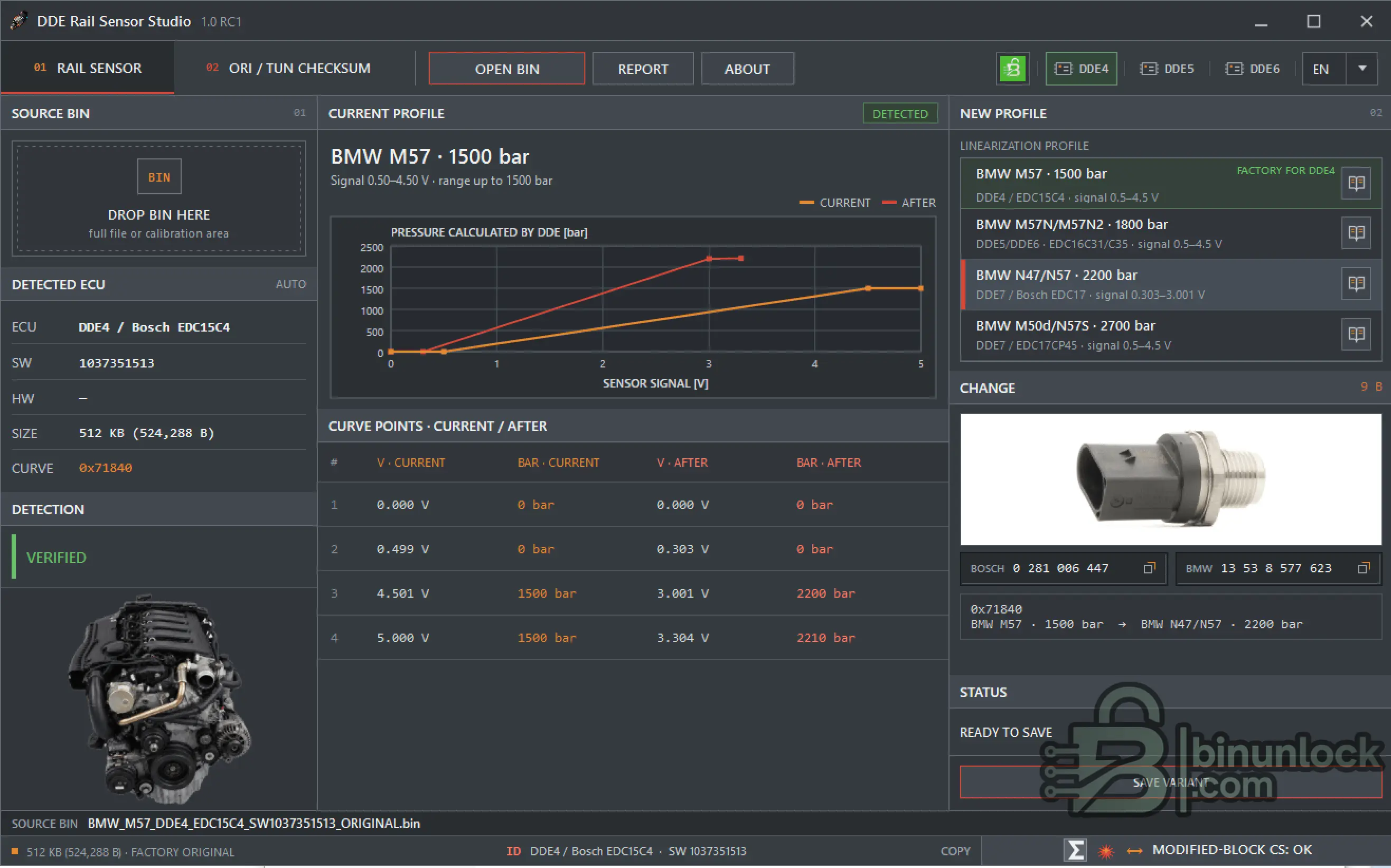 BMW DDE Rail Sensor Studio showing DDE4 Bosch EDC15C4 M57 1500 bar to N47 N57 2200 bar rail pressure sensor linearization and checksum verification.
