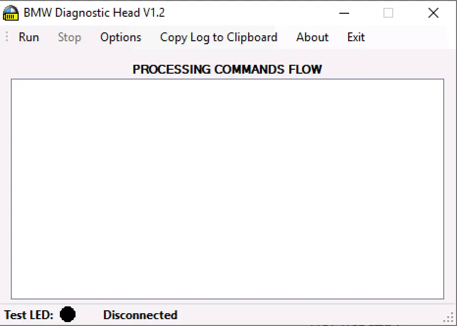 BMW Diagnostic Head Emulator 1.2 main window showing processing commands flow and disconnected test LED status.