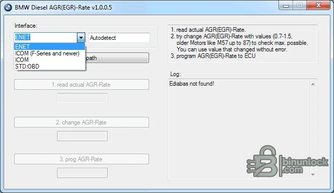 BMW Diesel AGR-Rate interface for reading and programming AGR/EGR adaptation values through EDIABAS