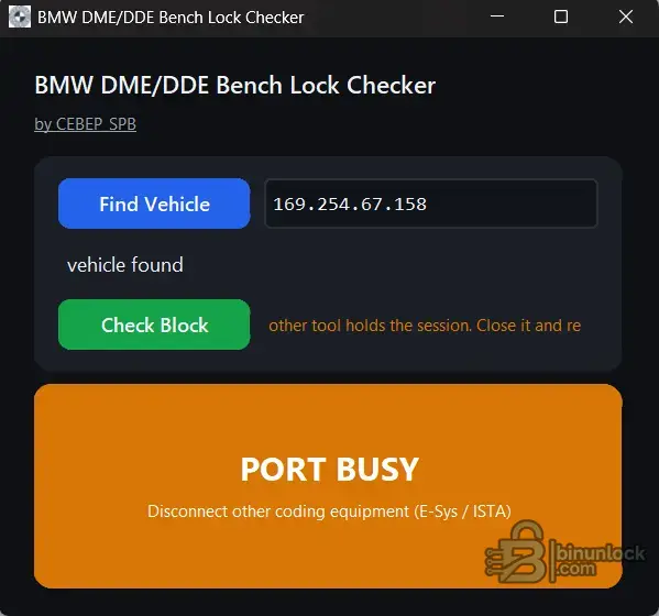 BMW DME DDE Bench Lock Checker showing DDE8 AURIX SPC locked status after vehicle and VIN detection over ENET.