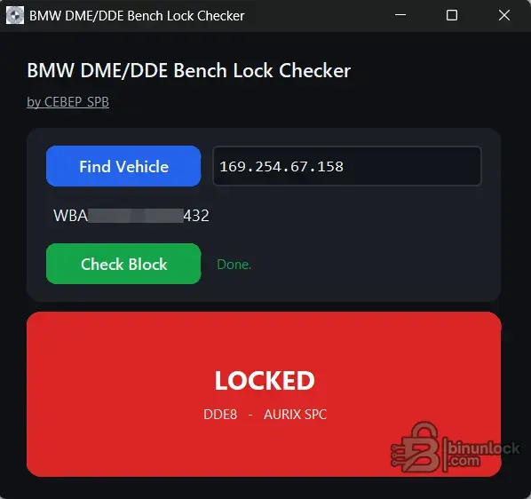 BMW MG1 MD1 Bench Lock Checker showing unlocked not locked DDE8 AURIX SPC ECU status over ENET.