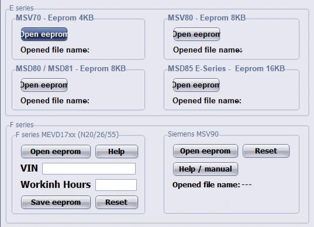 BMW DME EEPROM editor main screen for MSV70 MSV80 MSD80 MSD85 MEVD17xx with VIN and working hours fields