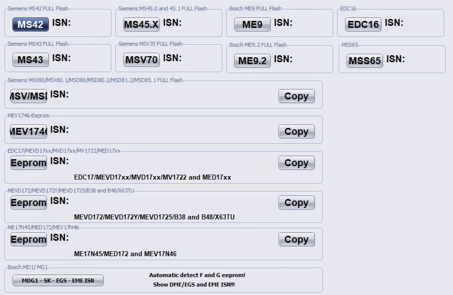 BMW ISN reader interface showing MS42 MS45 MSV70 ME9 EDC16 and MEVD17 MDG1 options with copy buttons