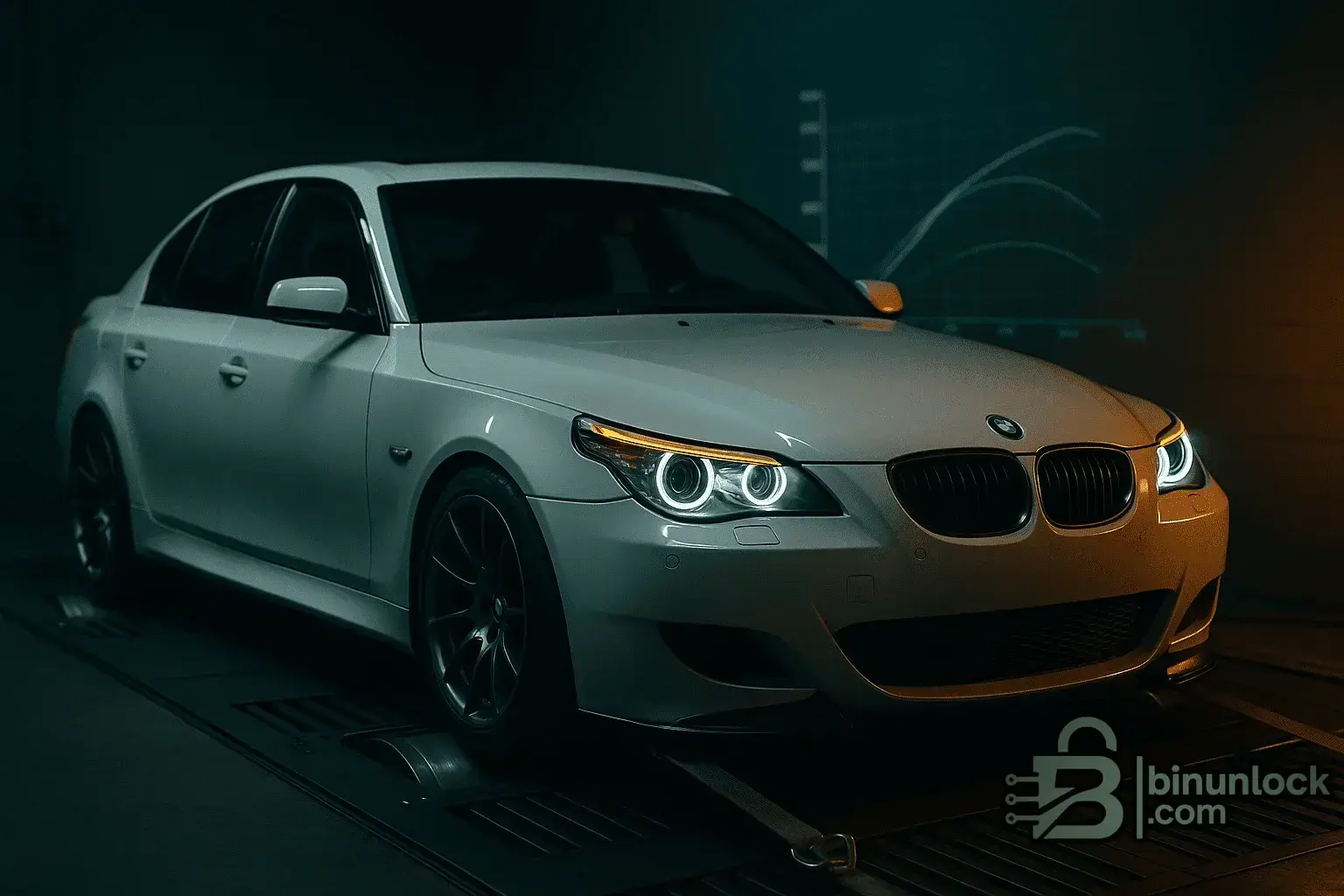 Alpine White BMW E60 sedan on a chassis dyno in a tuning shop with angel eyes and eyebrow DRLs illuminated M Sport front bumper visible power graphs in the background wide landscape cover image