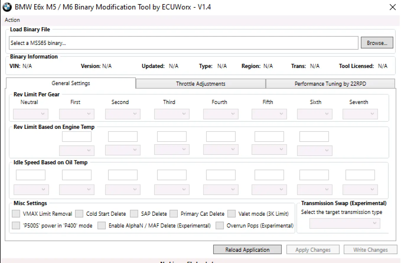 BMW E6x MSS65 Binary Modification Tool v1.4 General Settings with rev limit tables, oil temp idle targets, and calibration options.