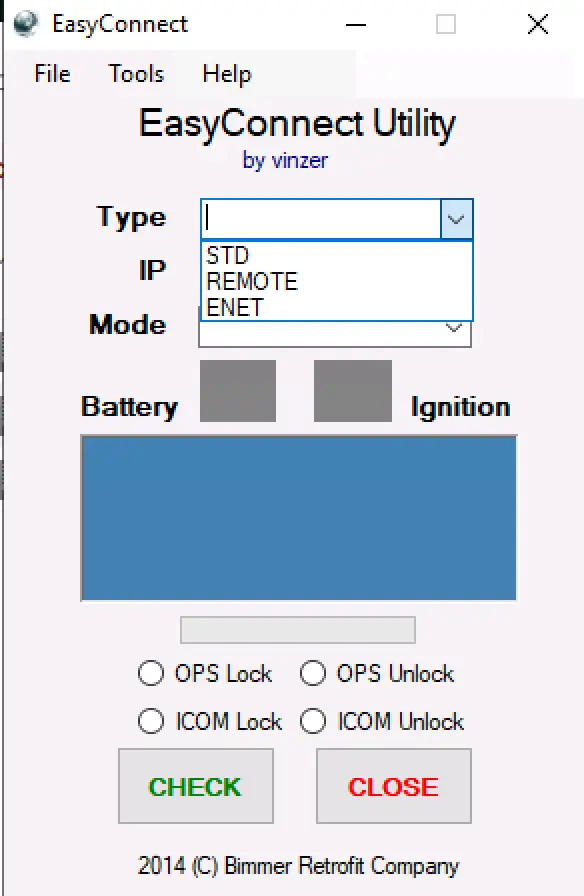BMW EasyConnect 1.0 main interface showing type selection with STD REMOTE and ENET options plus battery and ignition indicators.