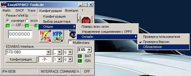BMW EasyKFP 2.0 main interface window showing EDIABAS mode selection and connection status panel.