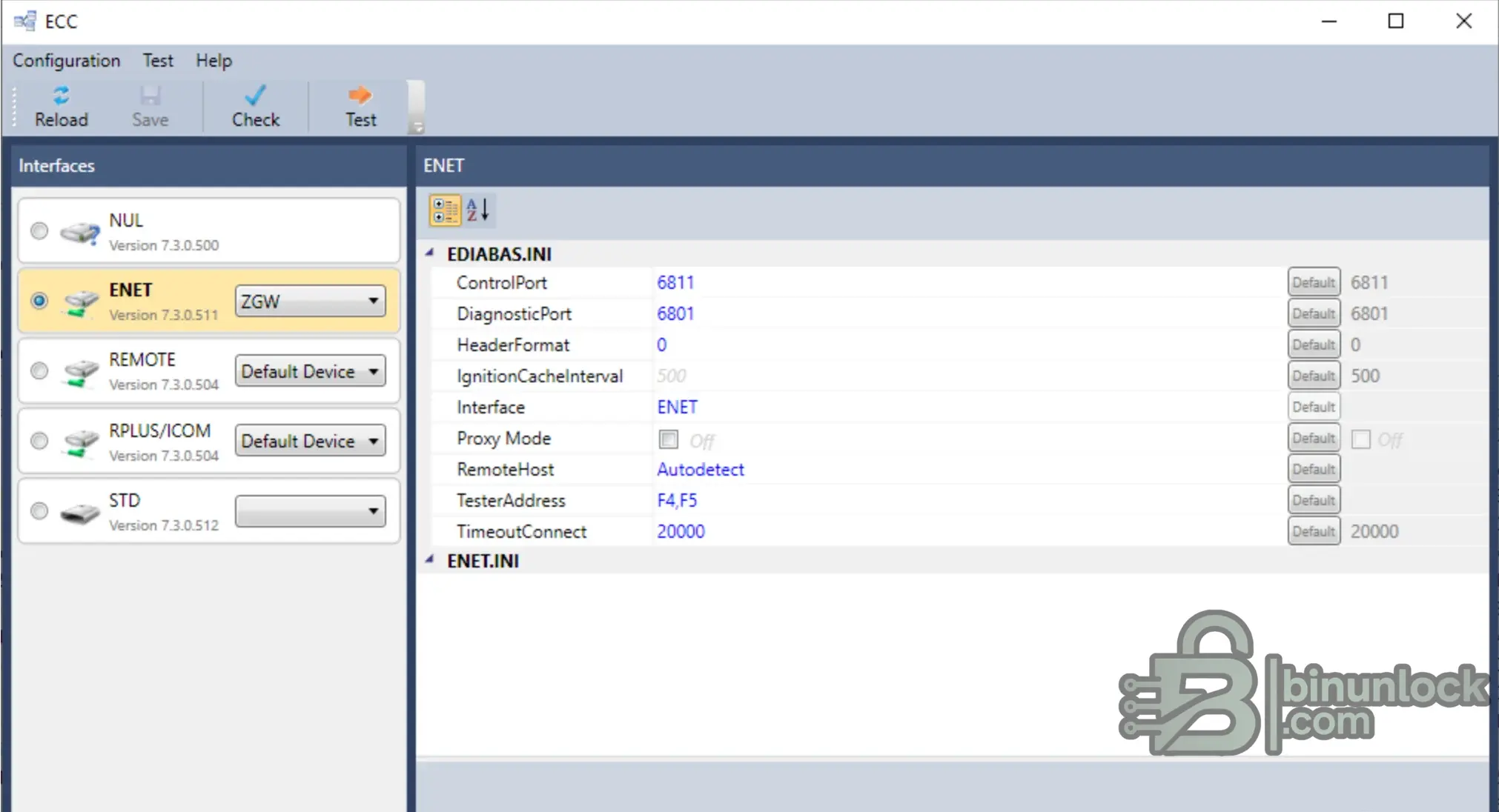 BMW ECC screen showing ENET, ZGW, EDIABAS settings, and connection test controls.