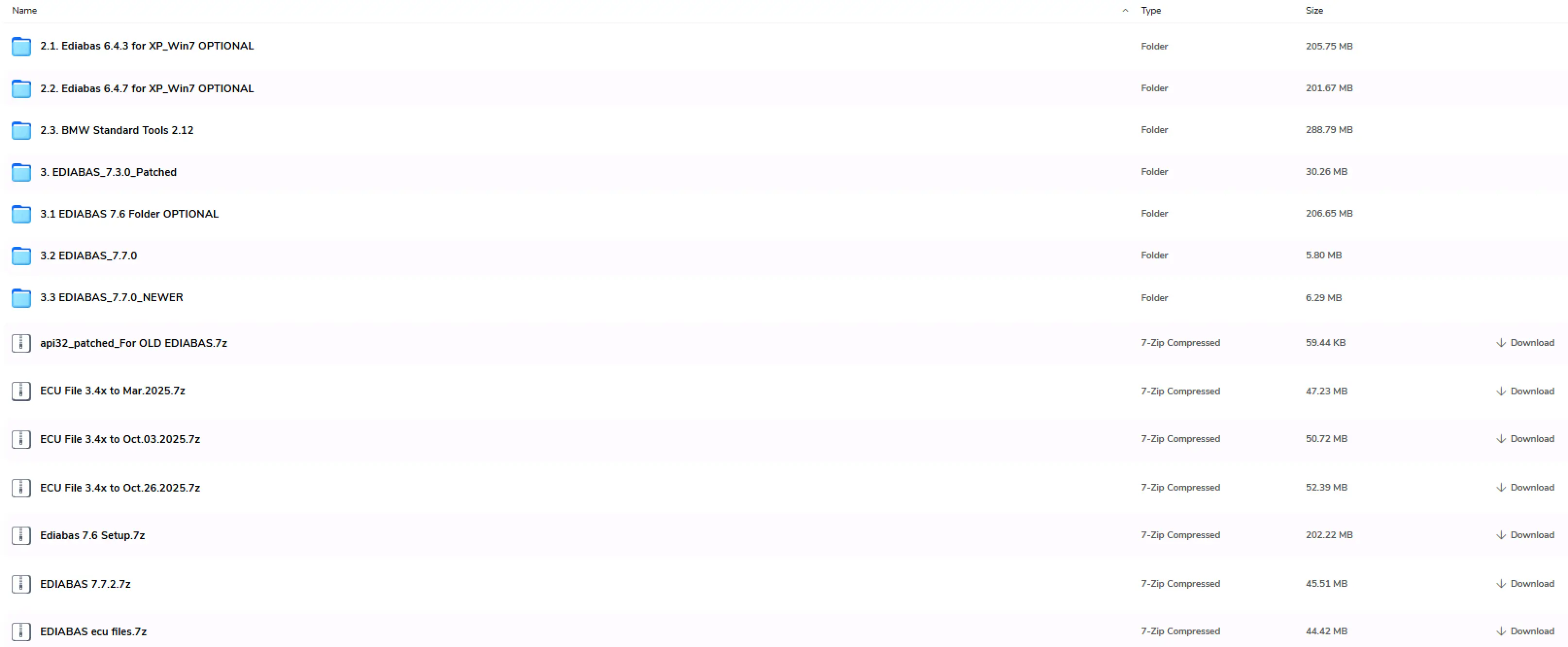 BMW EDIABAS multi version pack folder view showing 6.4.3 6.4.7 7.3.0 7.6 and 7.7.x runtimes with ECU files and tools.