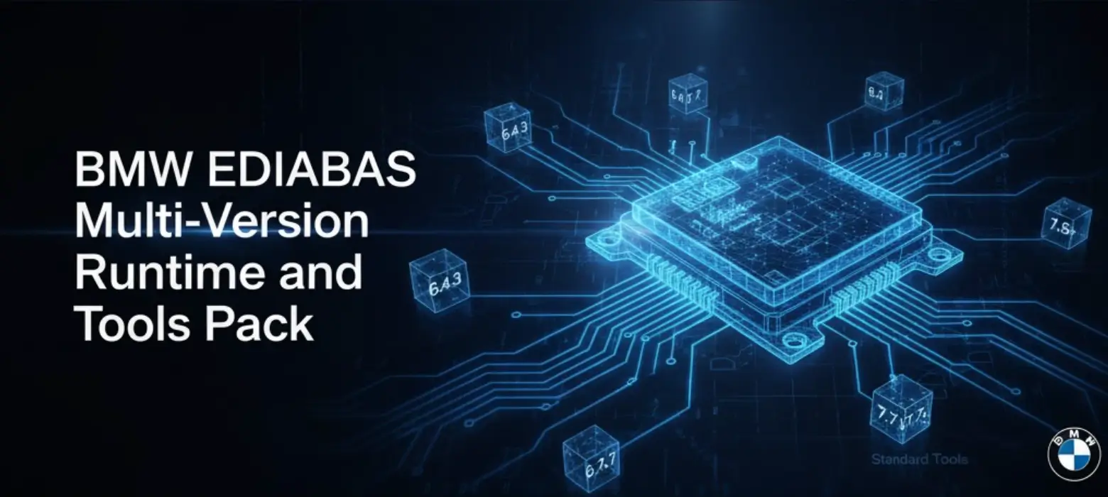 BMW EDIABAS multi version pack folder view showing 6.4.3 6.4.7 7.3.0 7.6 and 7.7.x runtimes with ECU files and tools.