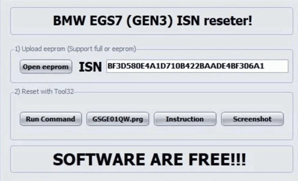 The user interface of the free BMW EGS7 (GEN3) ISN Resetter v1.3, a tool used to read the ISN from an EEPROM dump and reset or virginize a used 7-speed gearbox transmission control unit.