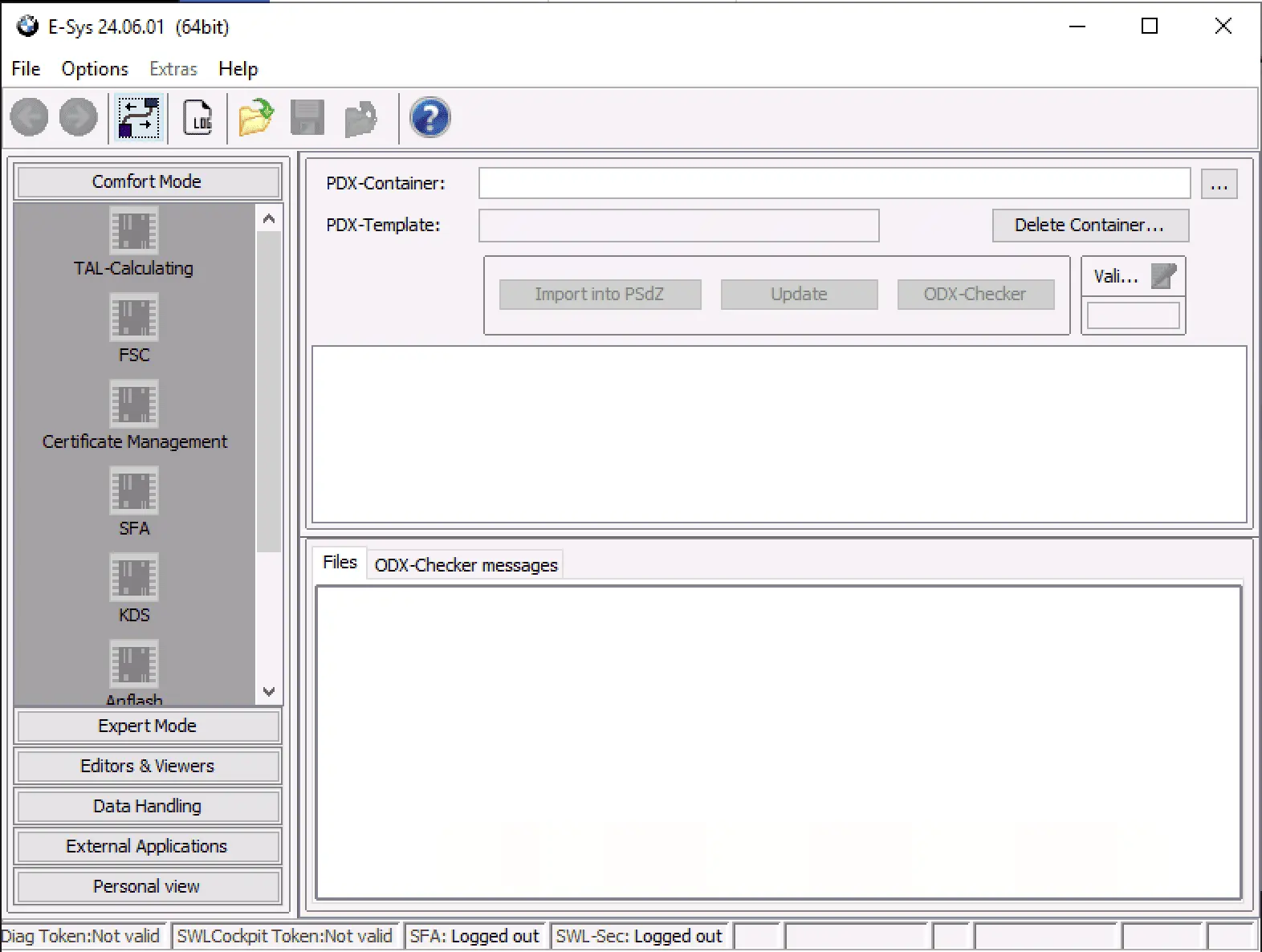 The main interface of BMW E-Sys version 24.06.01 in Comfort Mode, displaying functions like TAL-Calculating, FSC management, and Certificate Management for vehicle coding.