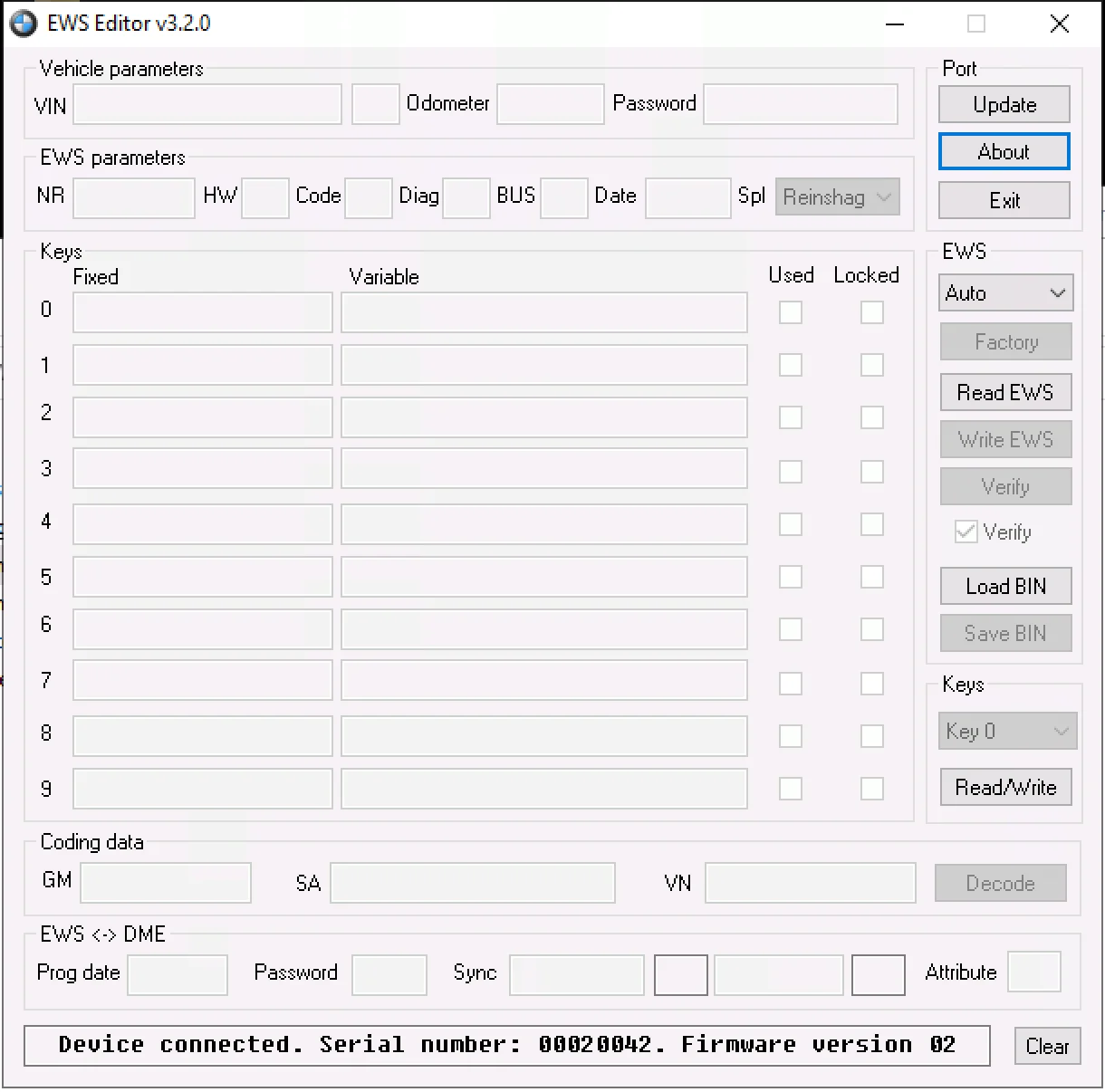 The main user interface of the BMW EWS Editor v3.2.0, showing fields for vehicle parameters, key data, EWS-DME synchronization, and functions to read, write, and verify EWS data.