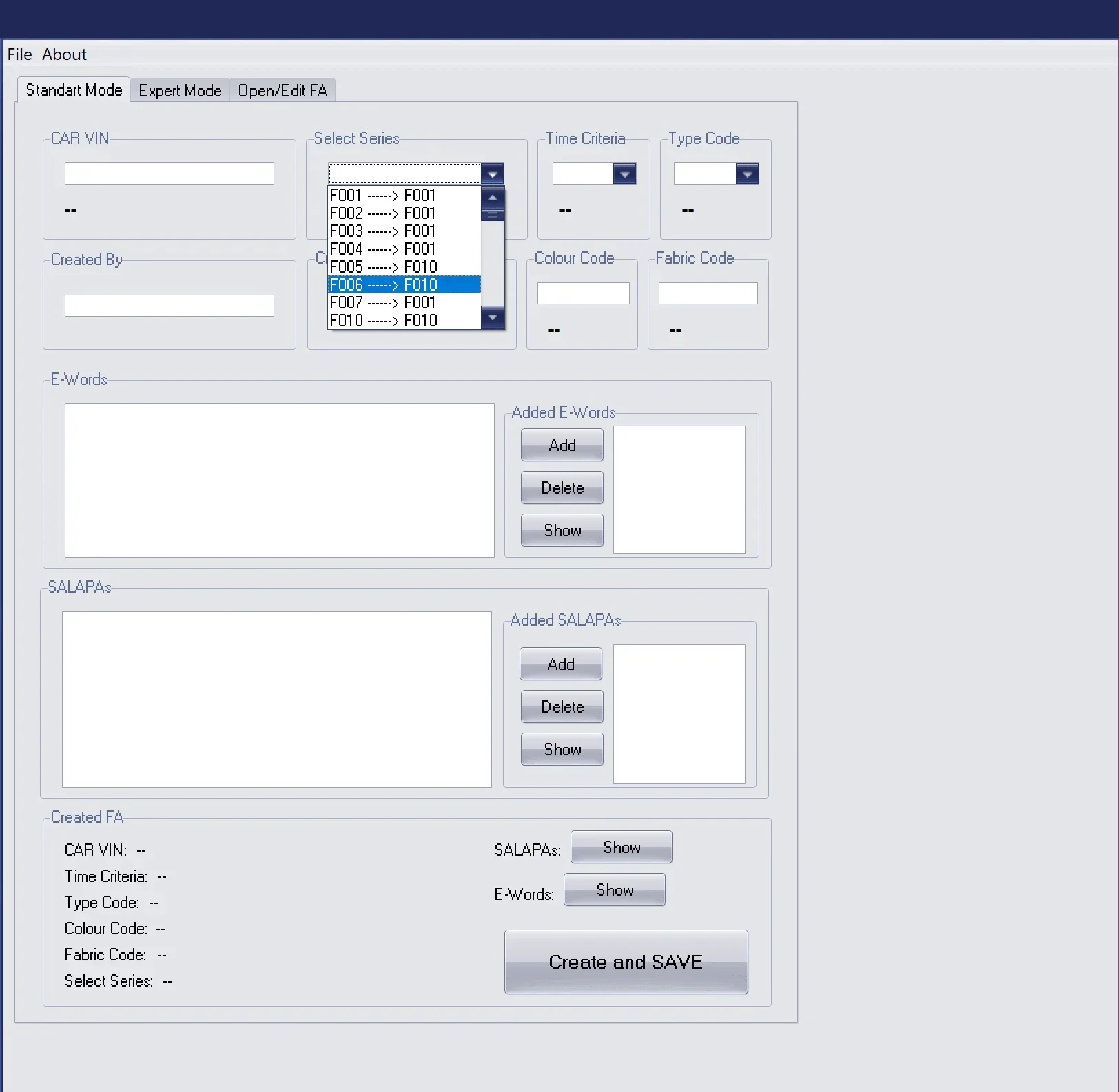 Using the Standard Mode of the BMW FA Creator v1.1 to automatically generate a complete Vehicle Order (FA) for an F-Series or G-Series car simply by entering the VIN.