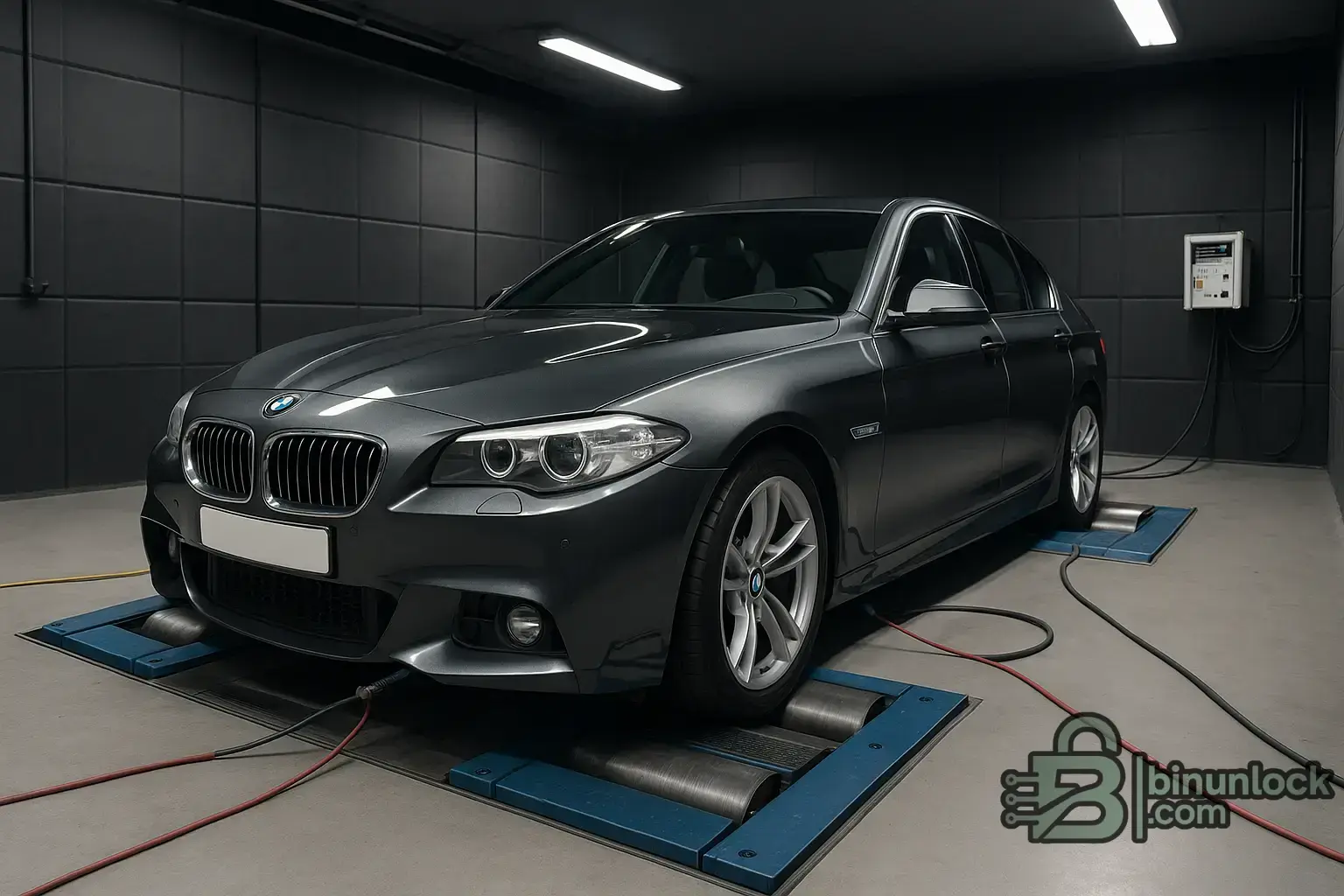 Front three-quarter view of a grey BMW F10 5 Series sedan on a chassis dynamometer in a professional dyno room, lit with technical workshop lighting