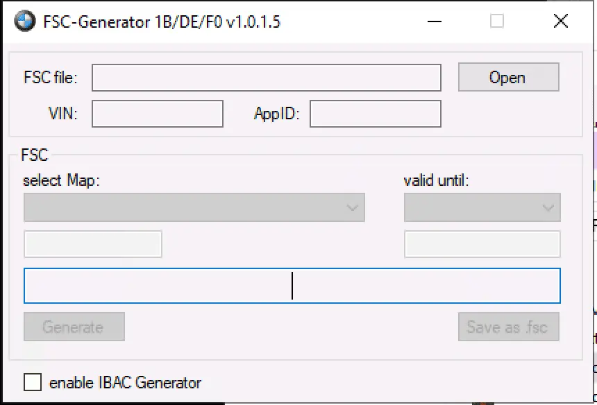 The main user interface of the BMW FSC-Generator v1.0.1.5, a tool used to generate activation codes for CIC/NBT navigation map updates.