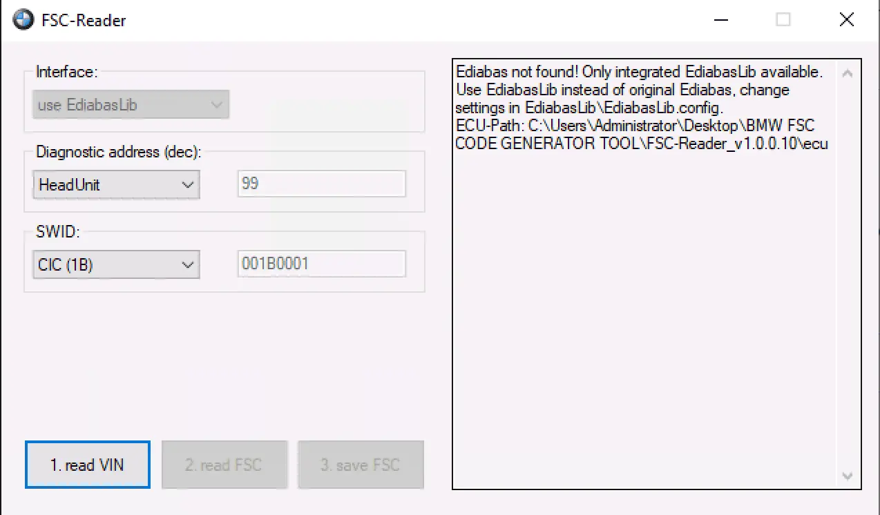 The main user interface of the BMW FSC-Reader tool, showing the process of reading a 1B FSC file from a CIC head unit for map activation.