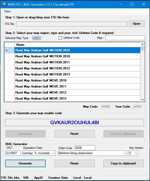 BMW FSC iBAC Manager v1.0.1.4 main UI with FSC loader and map list