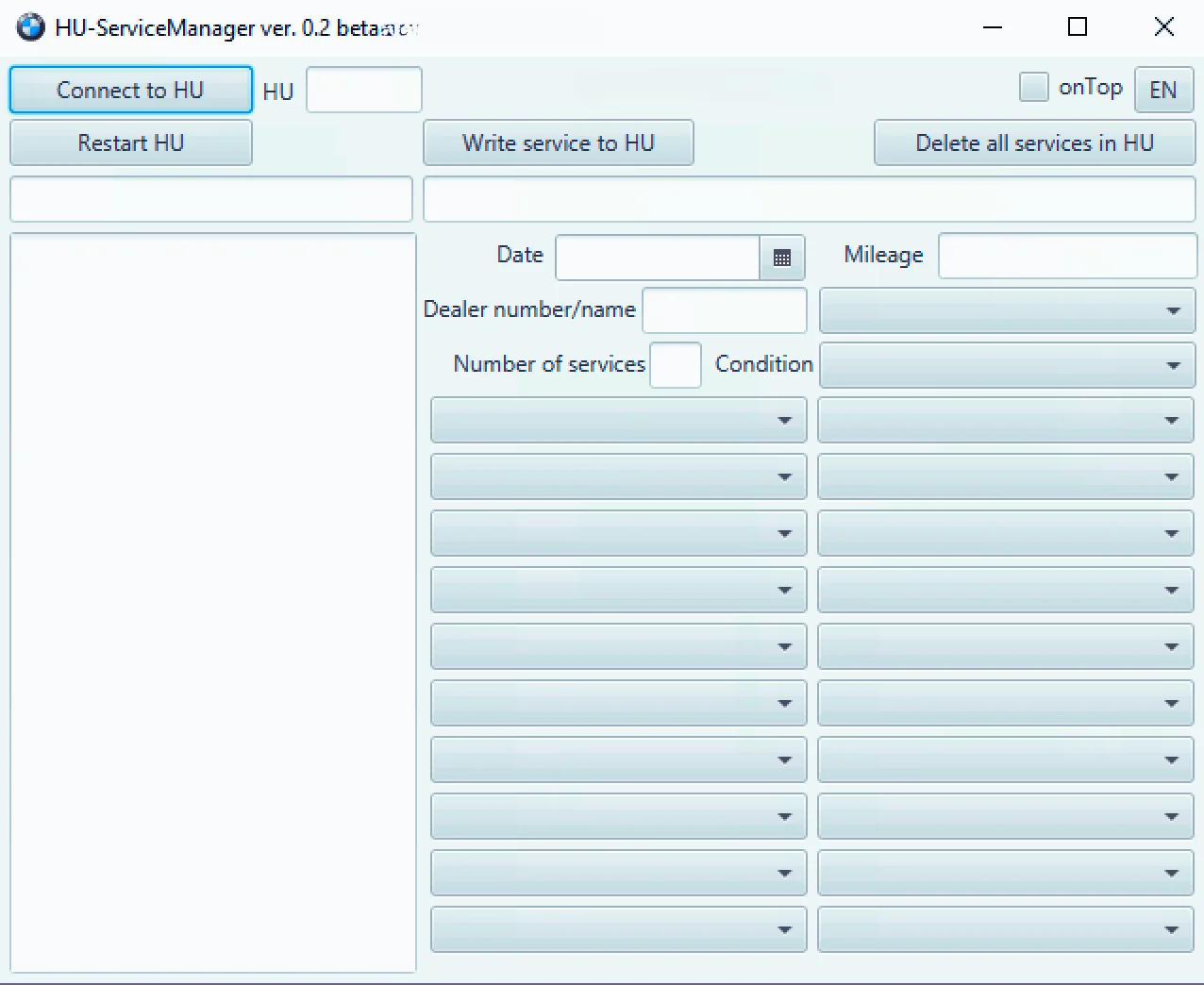 The main user interface of the BMW HU-ServiceManager software, a tool used to edit and delete digital service history records from the iDrive head unit.
