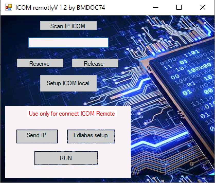 BMW ICOM Remote Manager v1.2 window with scan reserve release and EDIABAS setup buttons