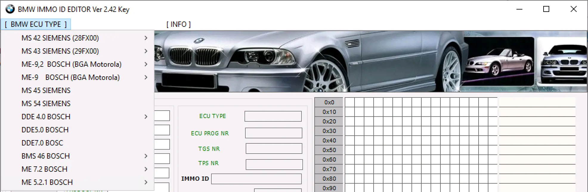 BMW Immo ID Editor 2.42 ECU type selection list with Siemens MS42 MS43, Bosch ME9 and DDE engine controllers.