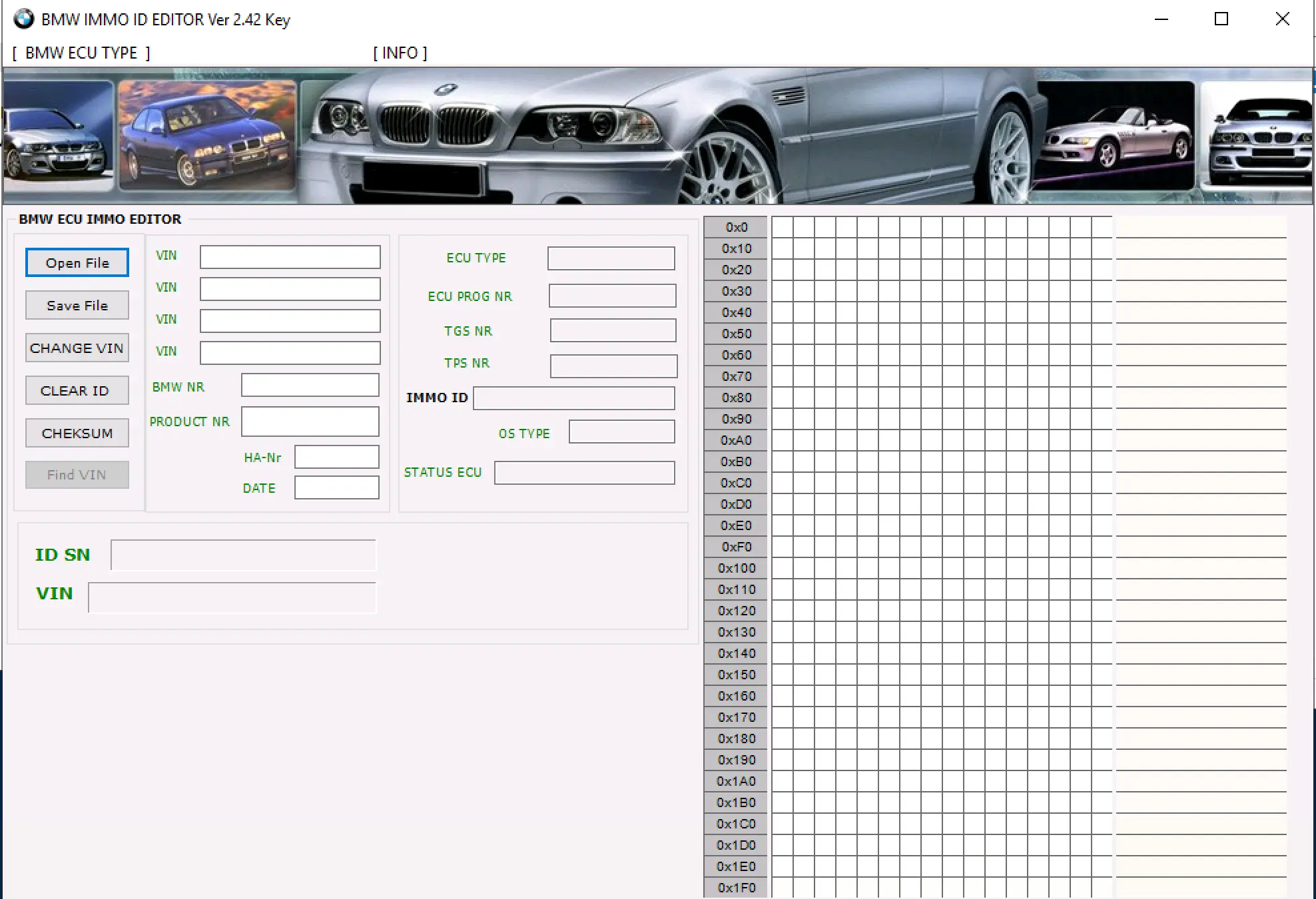 BMW Immo ID Editor 2.42 main window showing BMW ECU IMMO editor, VIN fields and hex grid for dump analysis.