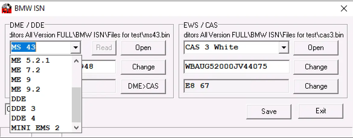 BMW ISN Editor showing DME/DDE MS43 selection with VIN/ISN fields and DME→CAS synchronization button.