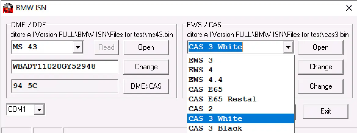 BMW ISN Editor EWS/CAS panel listing EWS3/4 and CAS2/CAS3 (White/Black) options with Open/Change actions.