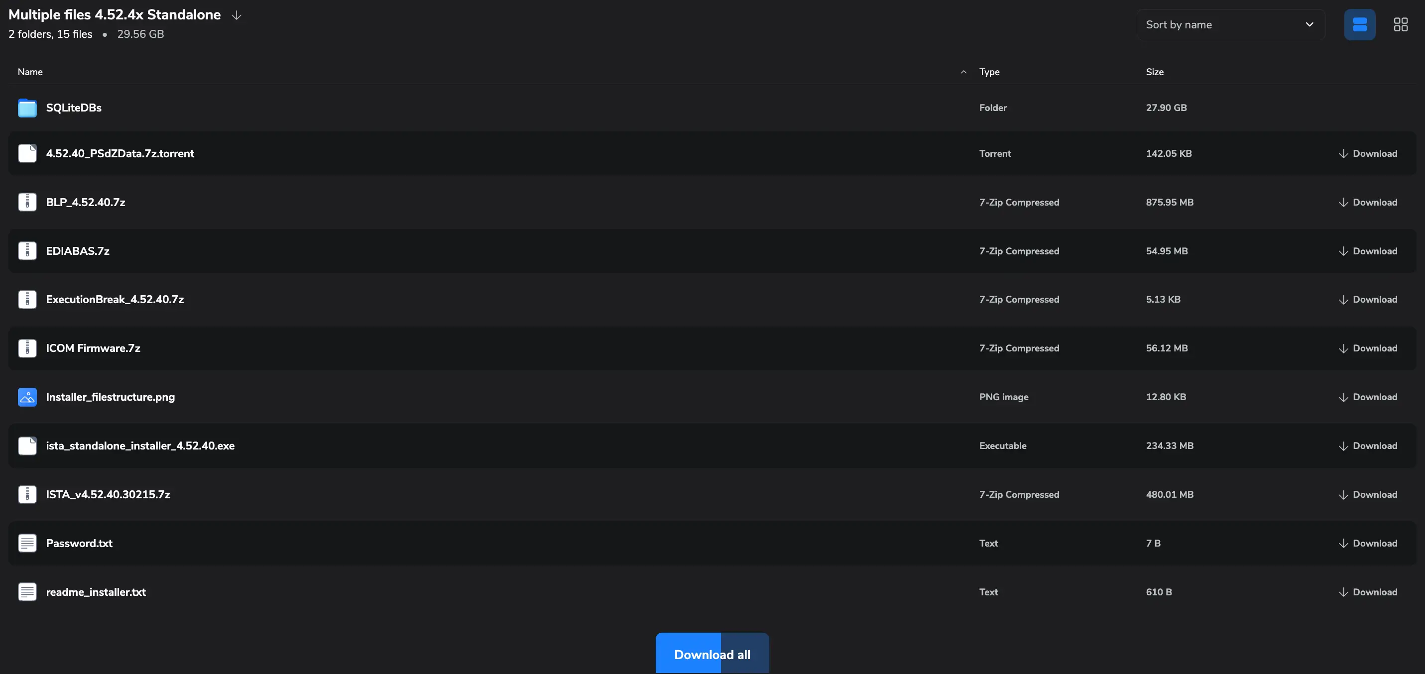 Google Drive file list of BMW ISTA-D 4.52.40 standalone package with SQLiteDBs, BLP, EDIABAS, ICOM firmware and installer files