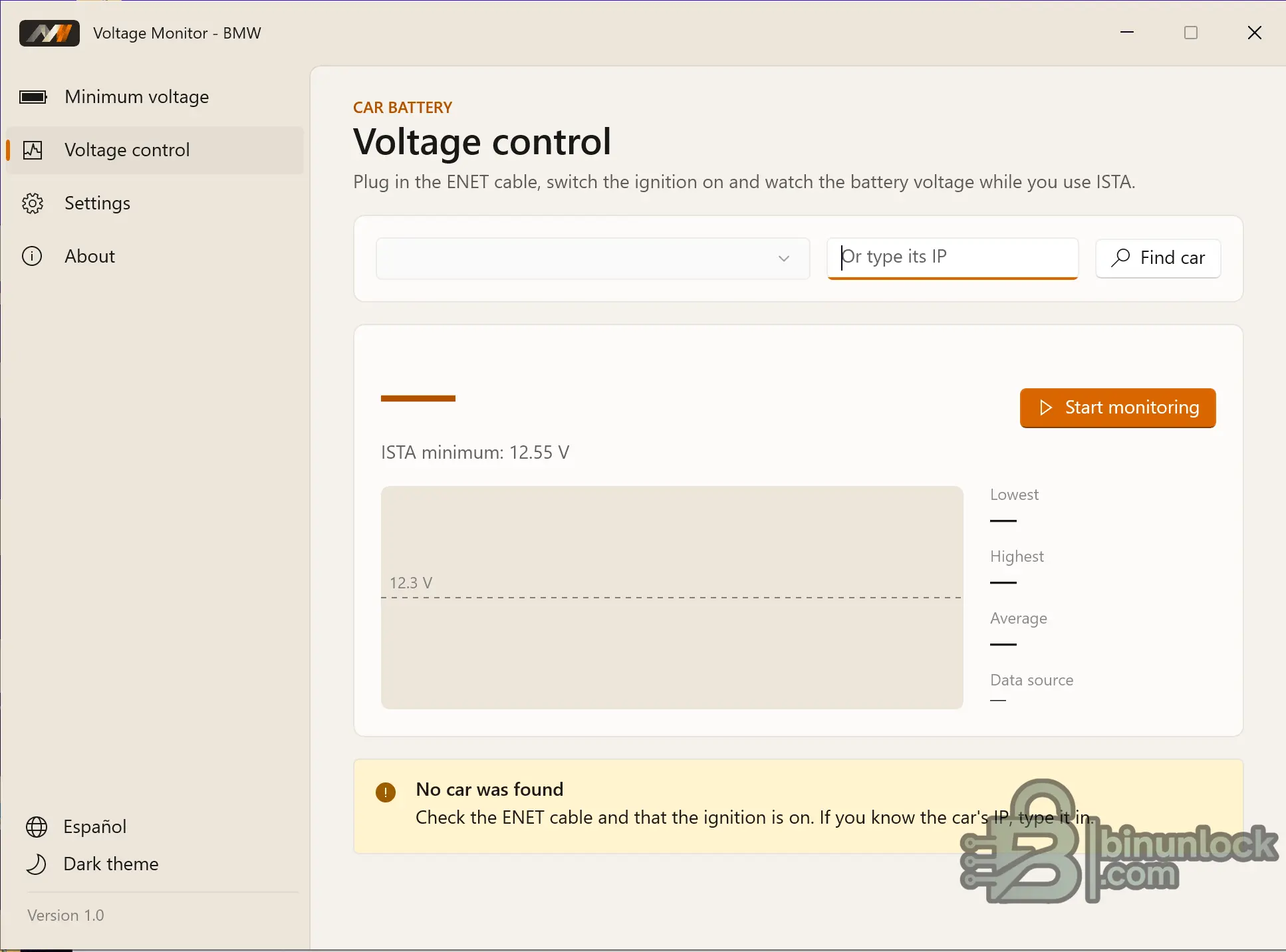 BMW ISTA Voltage Monitor settings for low battery warning threshold and reading frequency