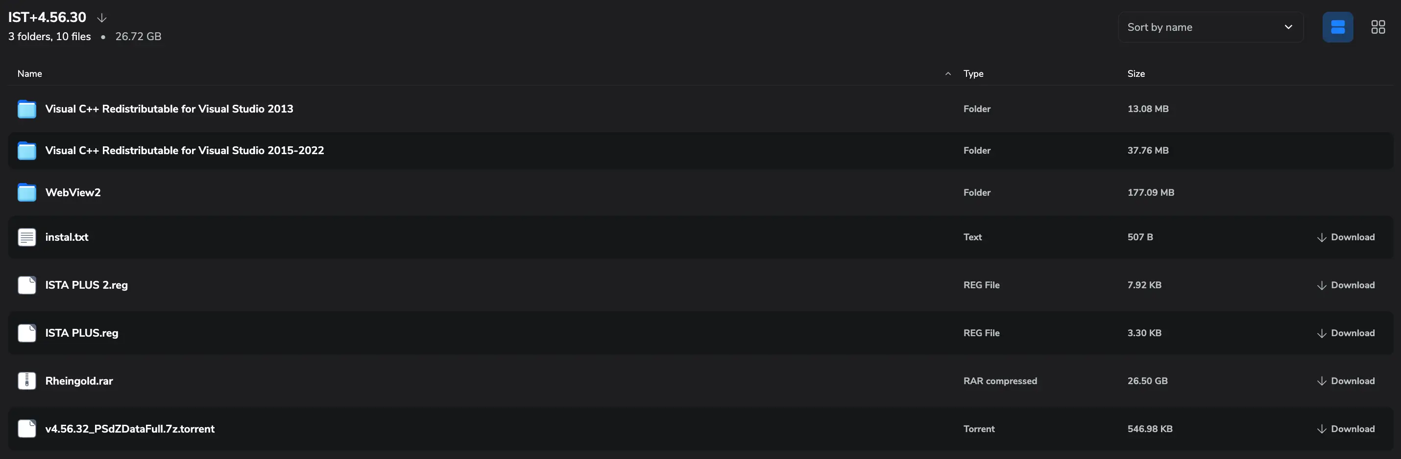 BMW ISTA+ 4.56.30 standalone download folder with PSdZDataFull 4.56.32, Rheingold.rar, ISTA PLUS registry files, Visual C++ 2013 2015-2022 and WebView2 installers