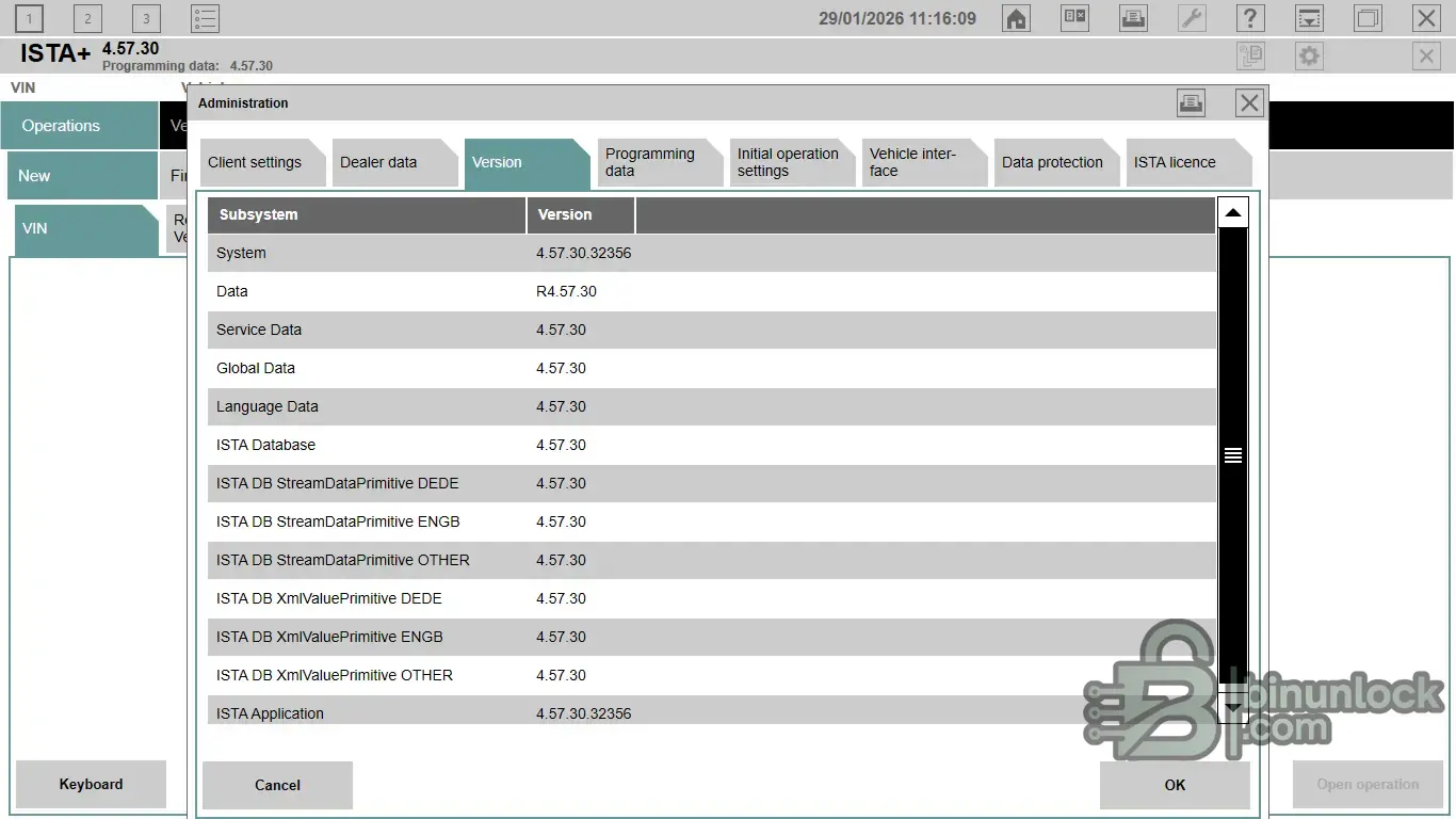 BMW ISTA+ 4.57.30 (Rheingold) Administration Version showing programming data R4.57.30 and ISTA DB modules.
