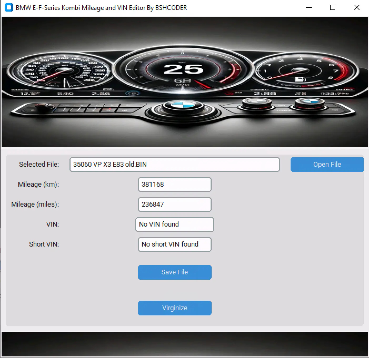 BMW E/F-Series KOMBI BIN editor showing mileage/VIN fields and the Virginize function in a clean Windows GUI.