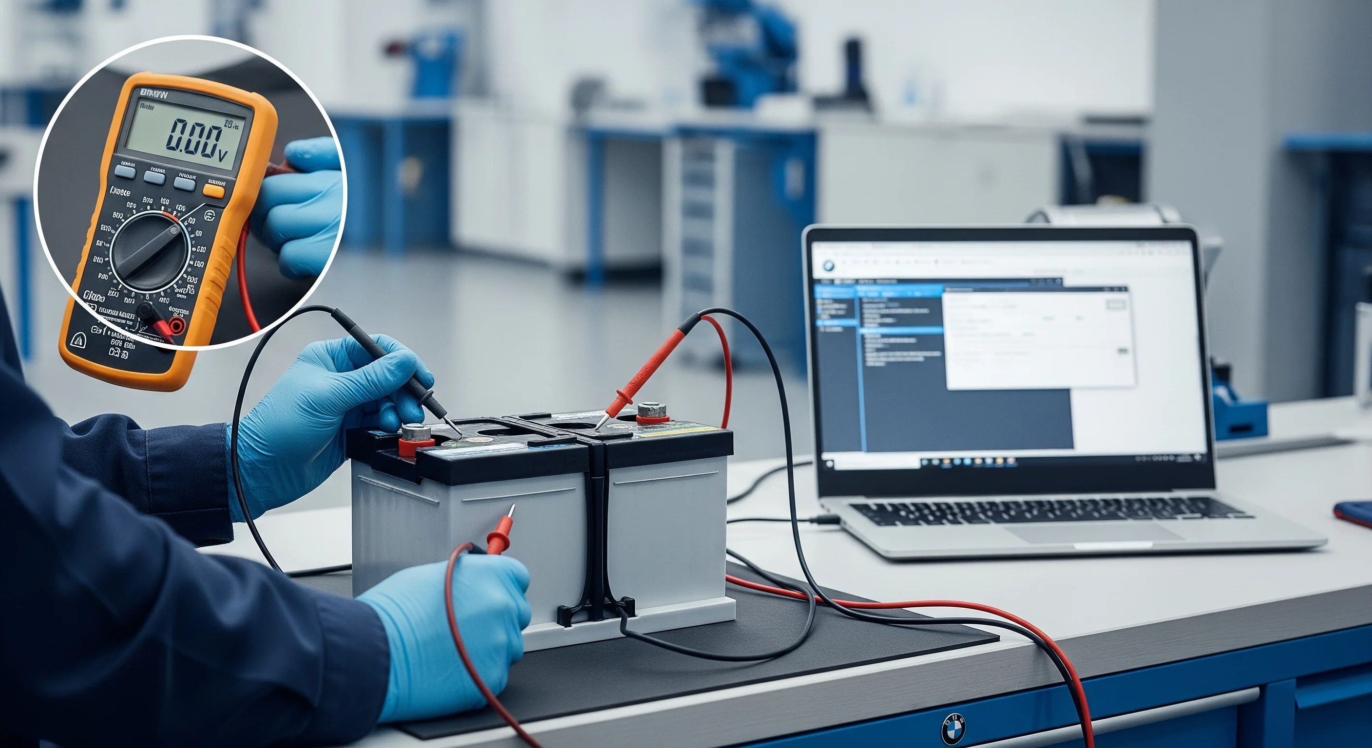 A technician performs a diagnostic on a modern BMW lithium-ion battery showing 0 volts on a multimeter, illustrating the 'no voltage' issue before a BMS reset and repair.