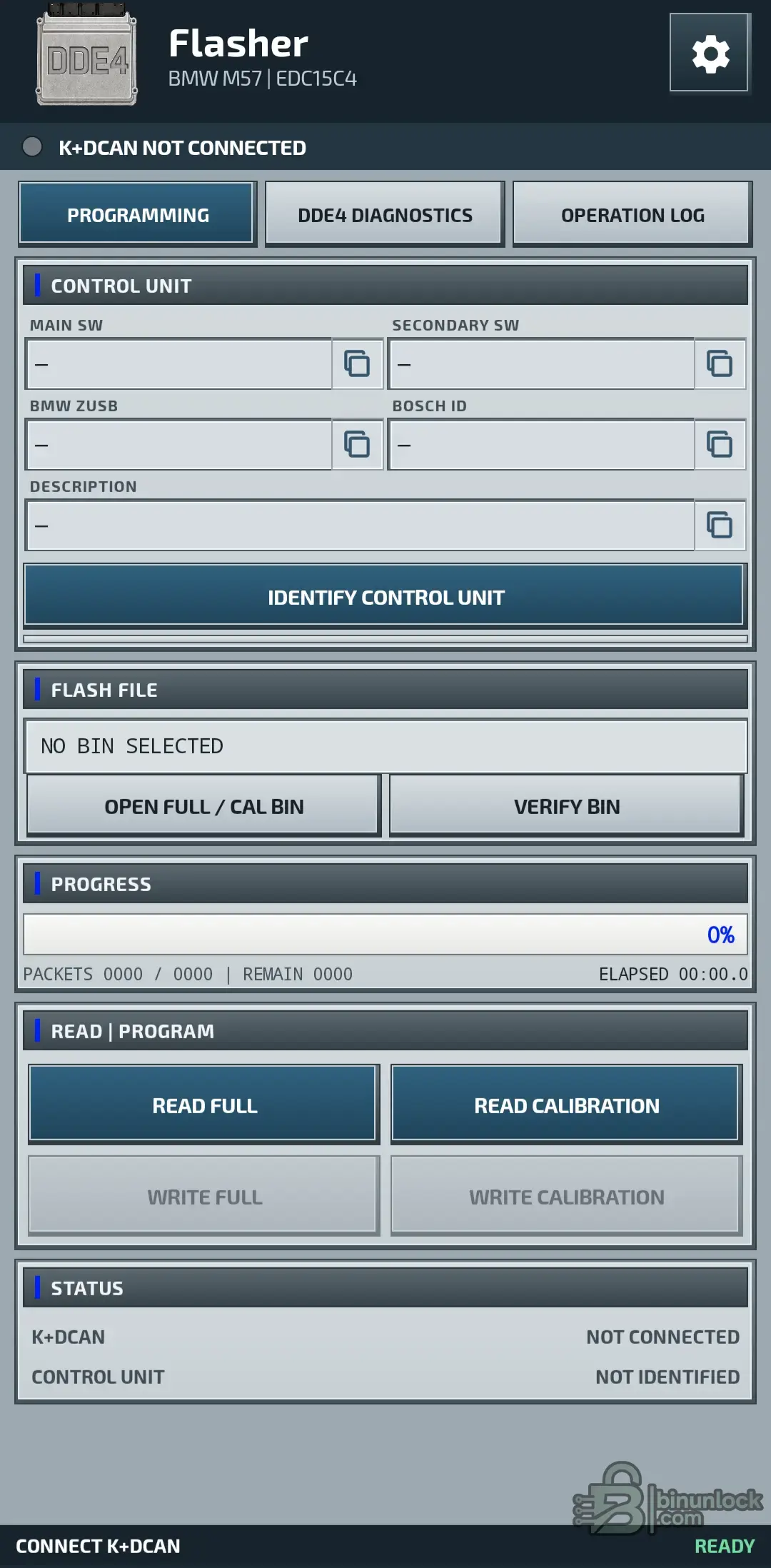 BMW M57 DDE4 Android Flasher showing EDC15C4 identification, K+DCAN connection and FULL or calibration BIN read and write functions.