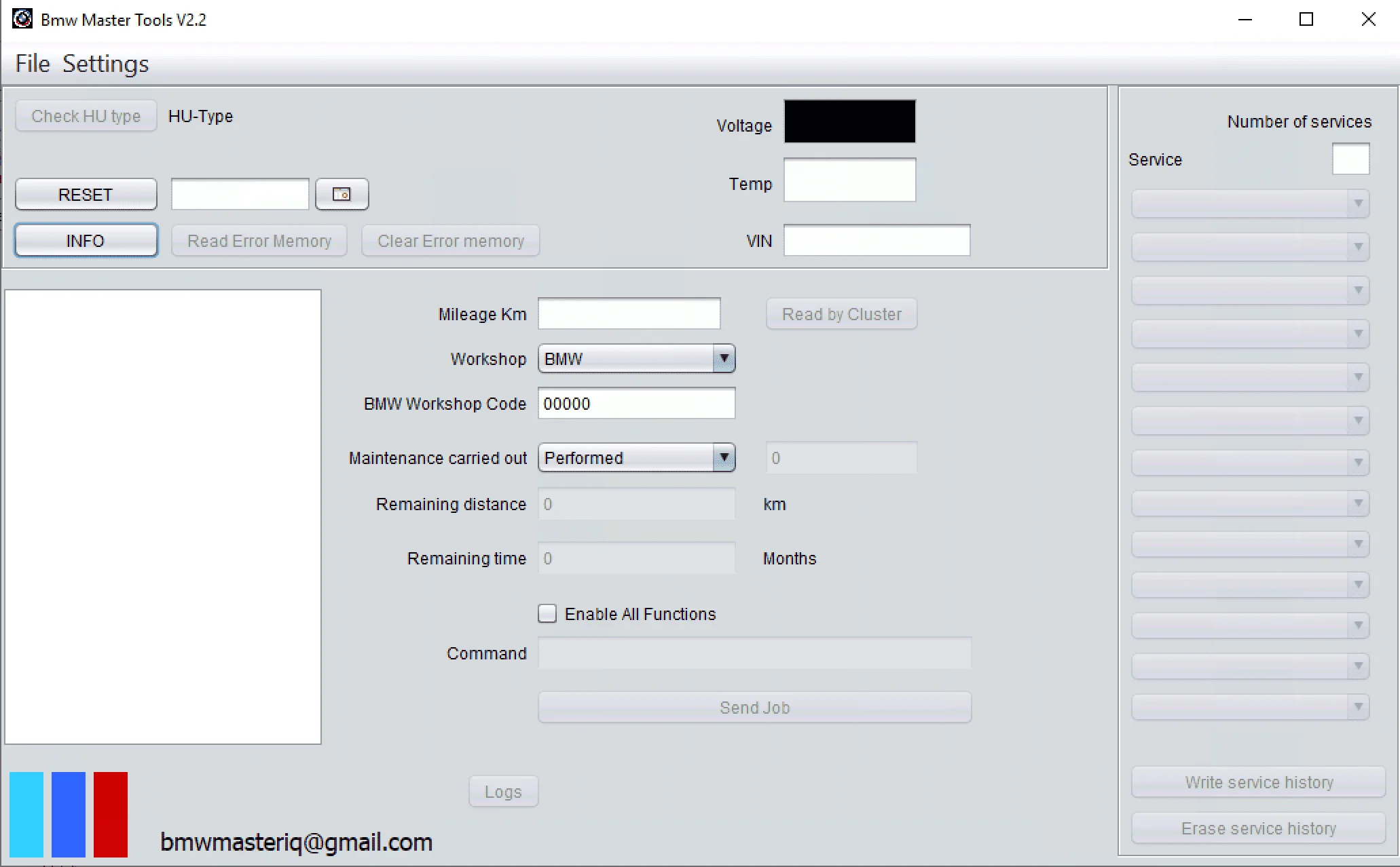 The main interface of BMW Master Tools v2.2, a software utility for reading, writing, and erasing the digital service history in a BMW head unit (HU).