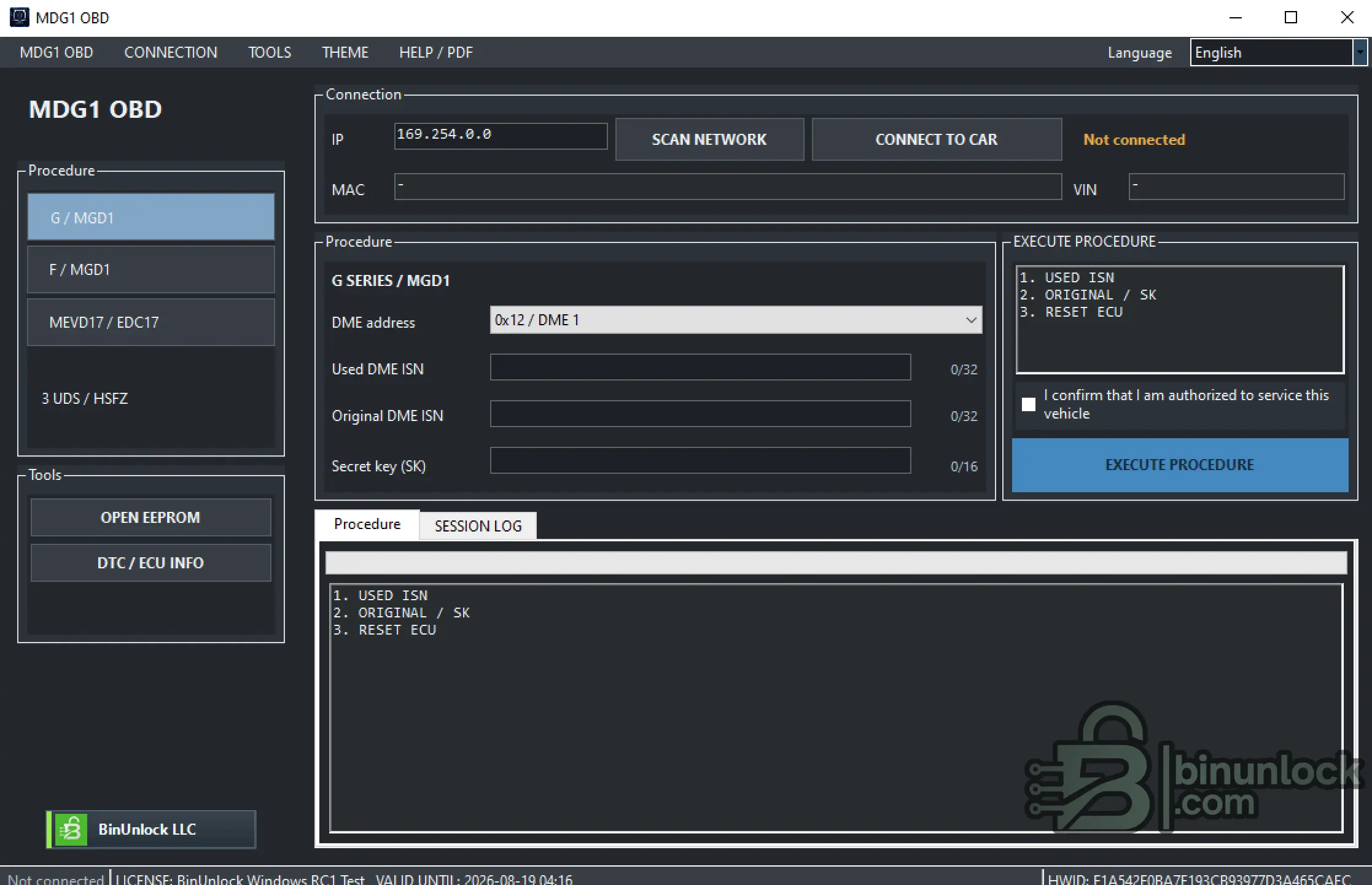 BMW MDG1 OBD G Series procedure showing DME address, used and original DME ISN, Secret Key SK and ECU reset workflow.