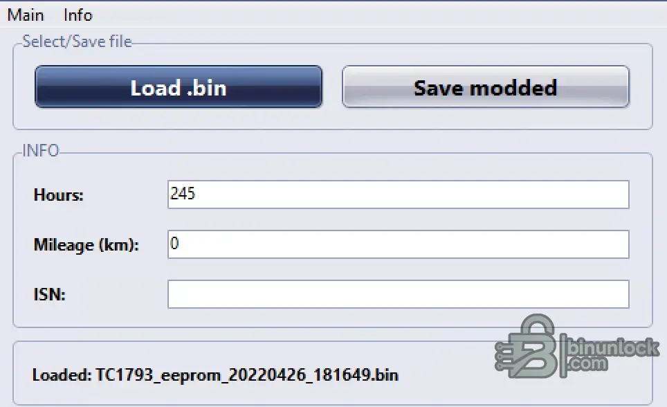 BMW MEVD1723 Working Hours Resetter interface showing EEPROM bin file loading, mileage editing, and ISN display.