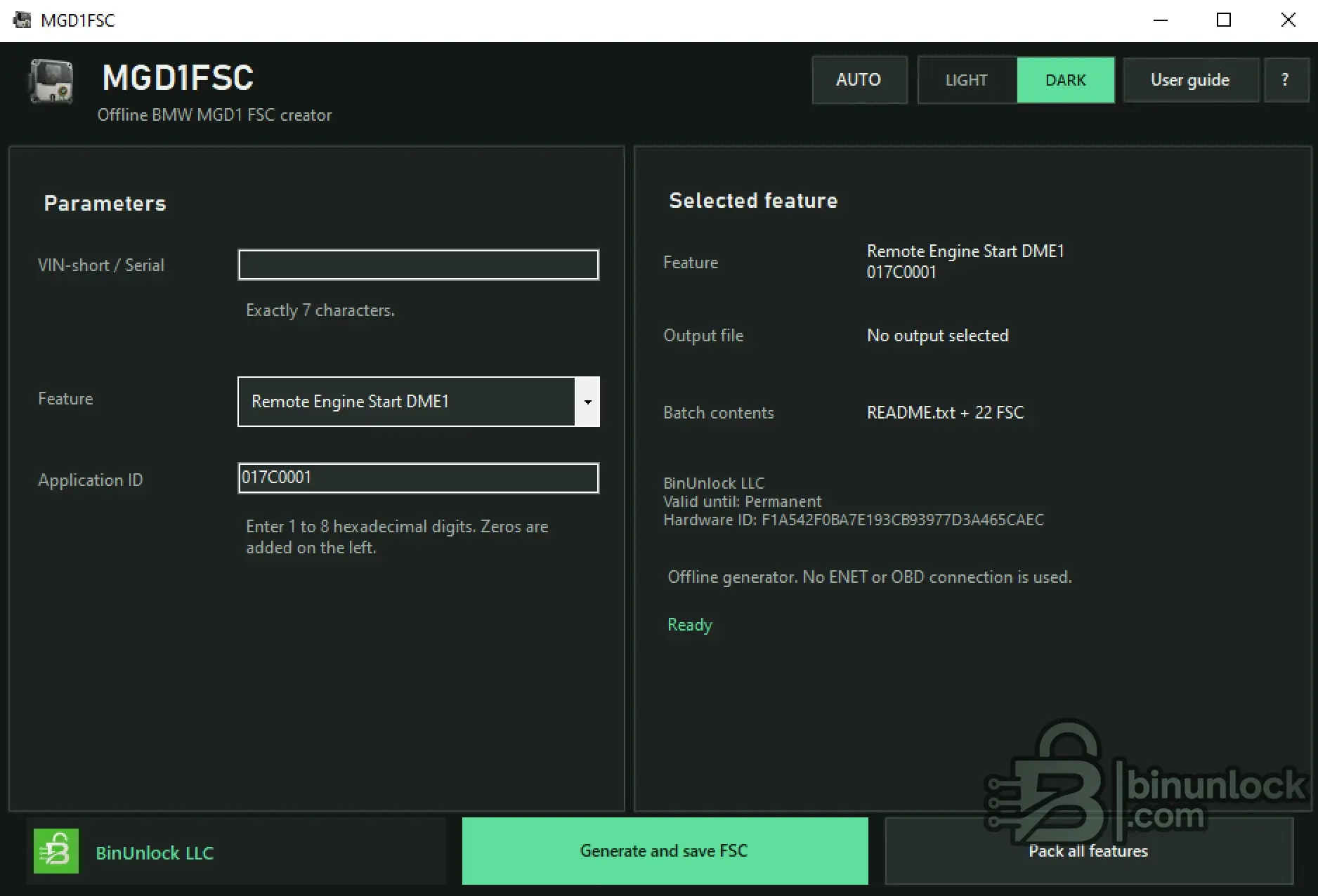 BMW MGD1FSC offline FSC creator showing Remote Engine Start DME1, short VIN input, Application ID and 22 FSC batch generation.
