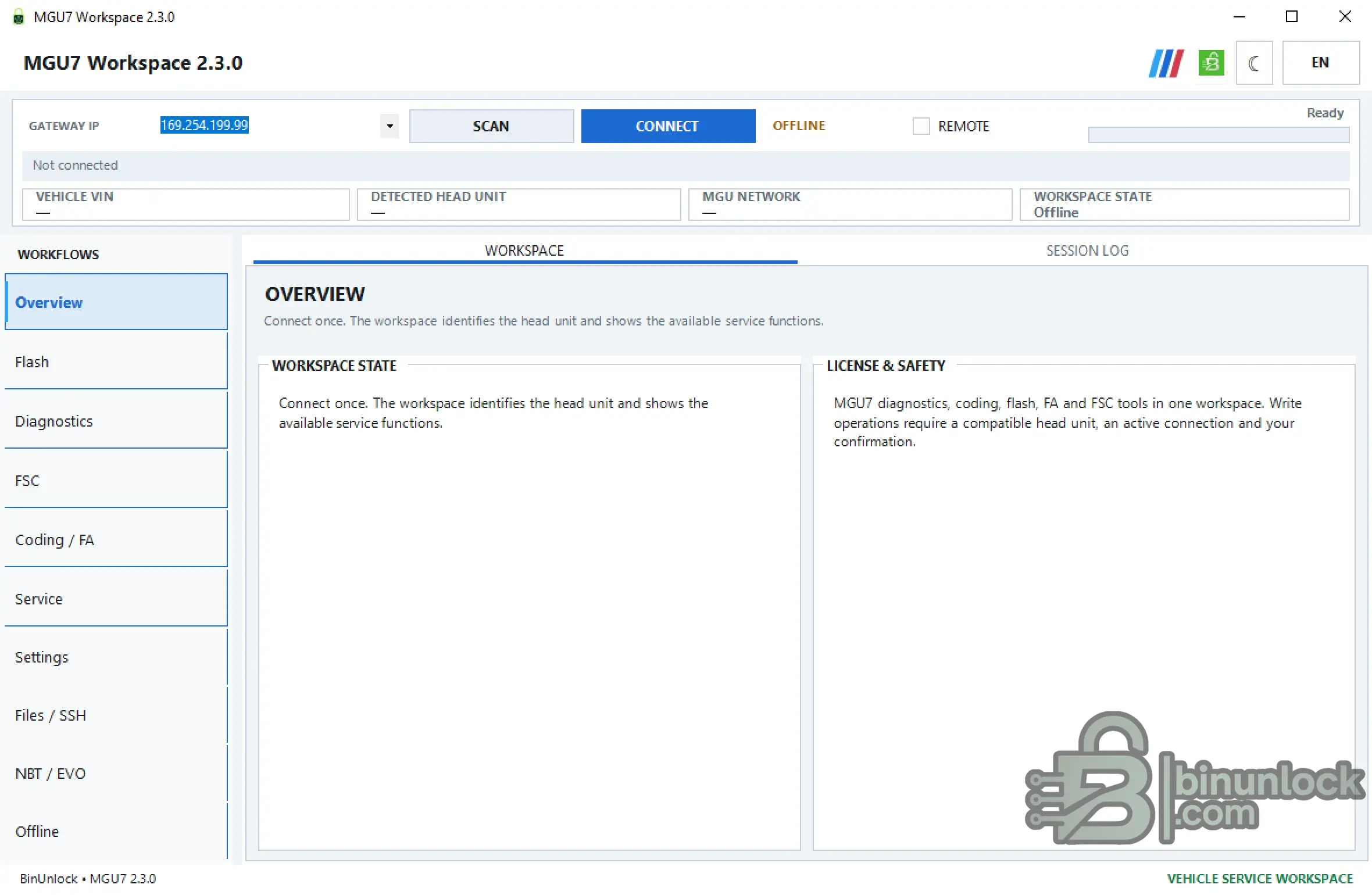 BMW MGU7 Workspace 2.3.0 updated interface with ID7 ID8 flash, diagnostics, FSC, coding, service, SSH and offline workflows.
