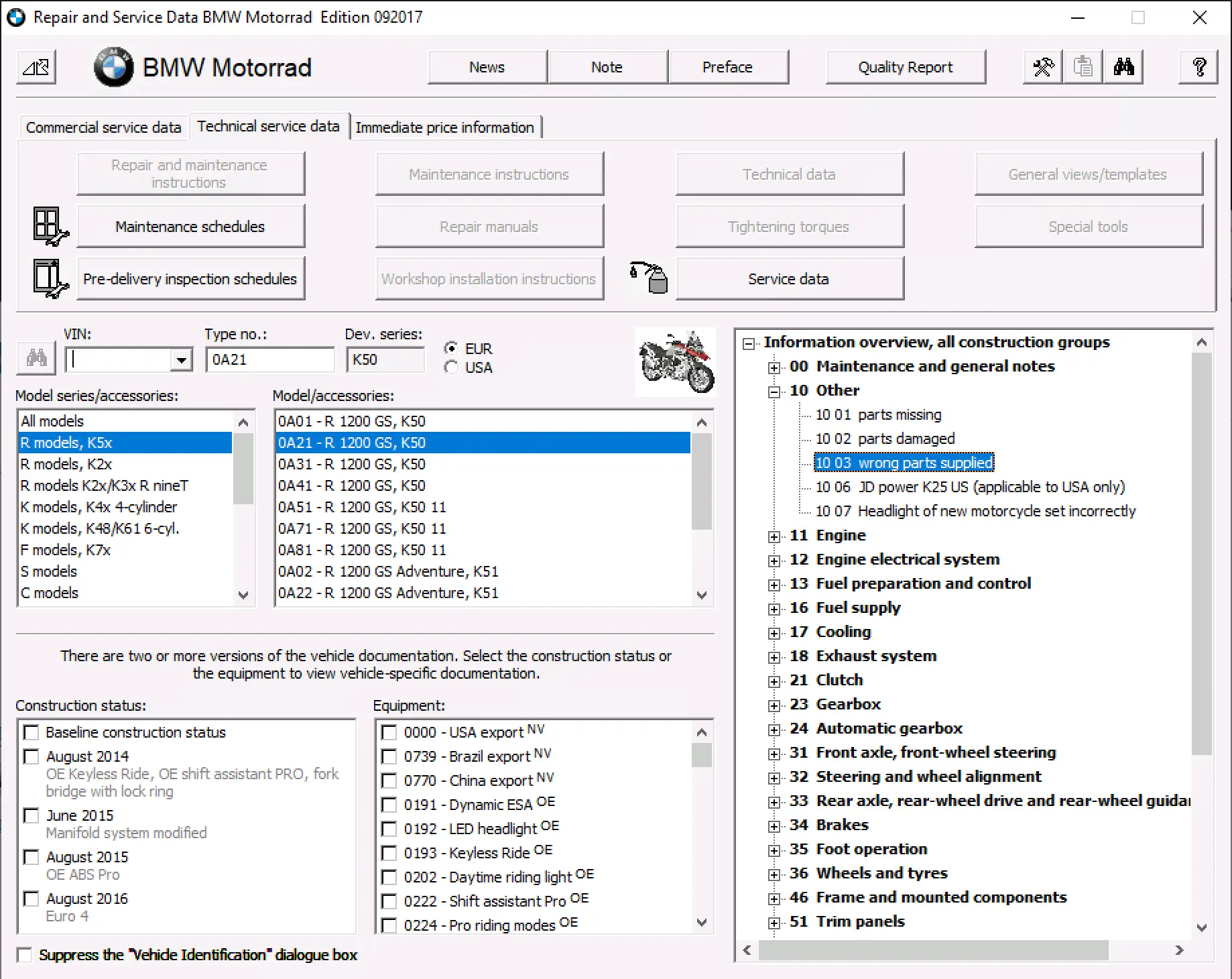 BMW Motorrad RSD 09.2017 with R 1200 GS model selected and detailed service data tree displayed.BMW Motorrad RSD 09.2017 with R 1200 GS model selected and detailed service data tree displayed.