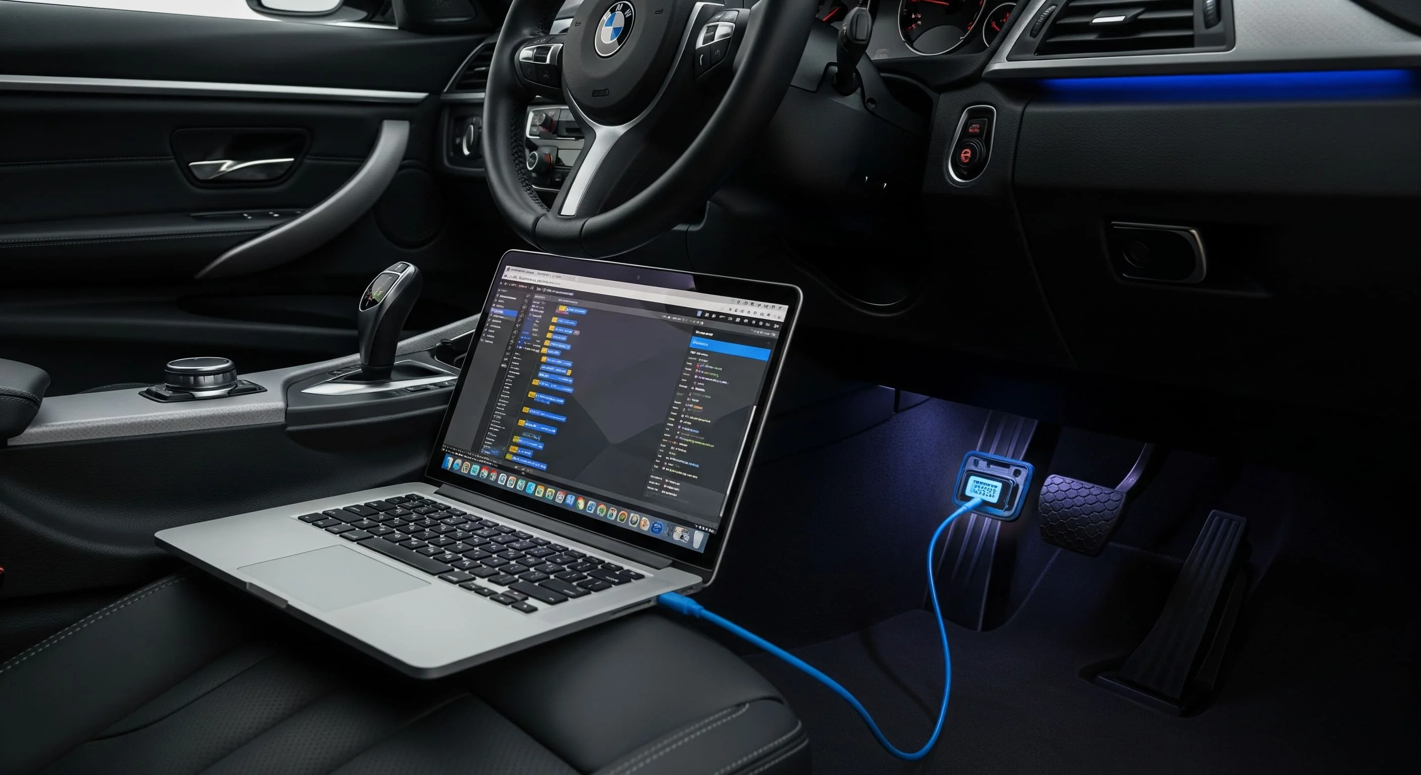 A laptop connected to the diagnostic OBD port inside a modern BMW vehicle. The laptop screen displays a coding software interface, illustrating the process of resetting working hours or flashing an ECU directly, without bench removal.