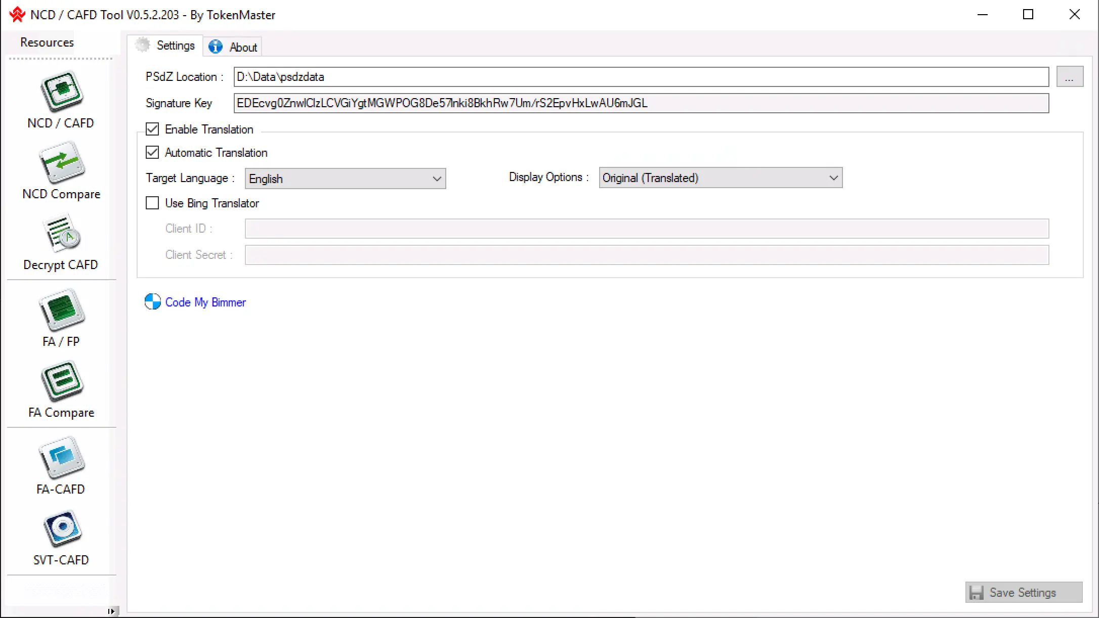 V0.5.2.203 settings view with PSdZData path, signature key and translation options.