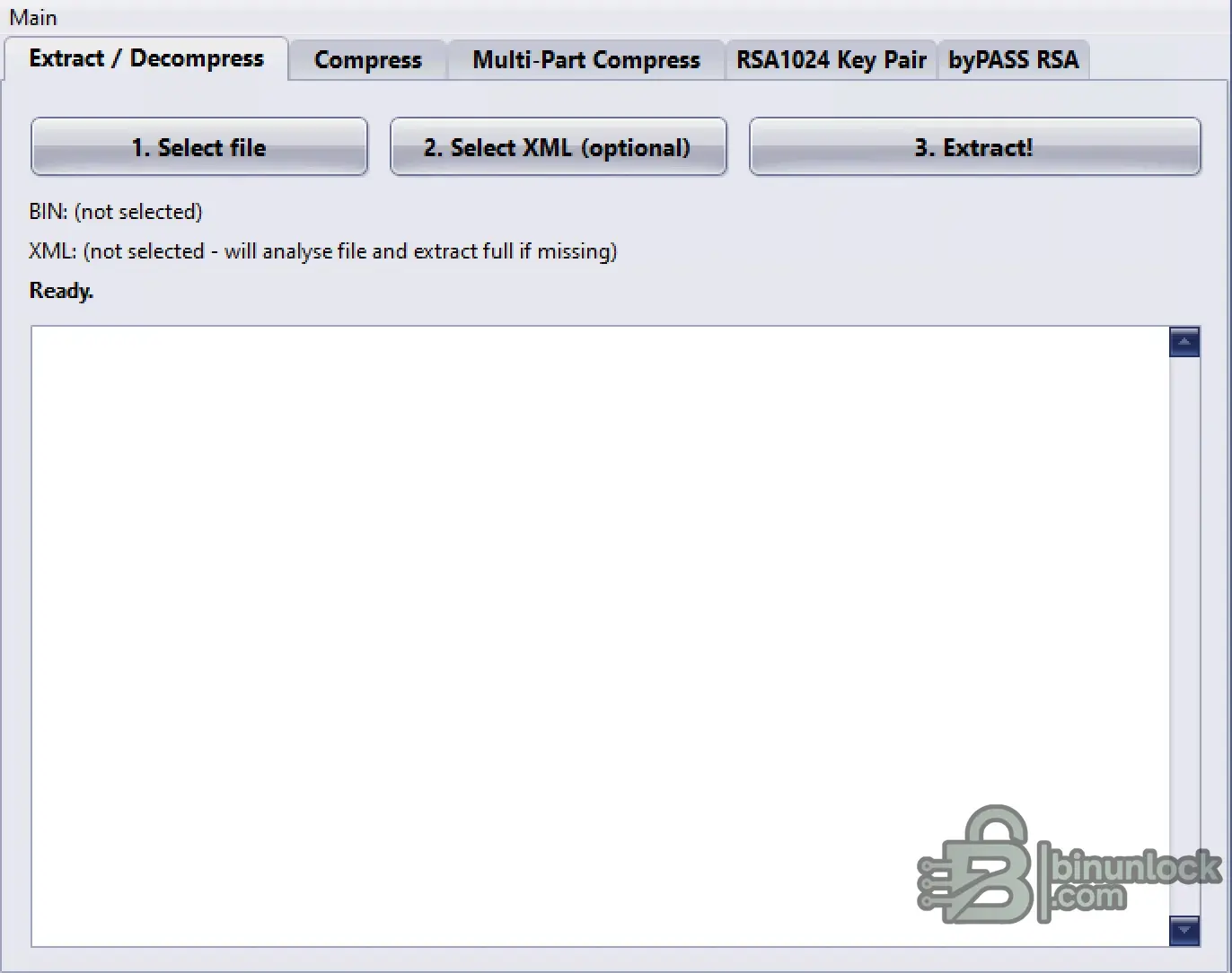 Main interface of the BMW NRV Extractor showing the file selection and decompression tab.