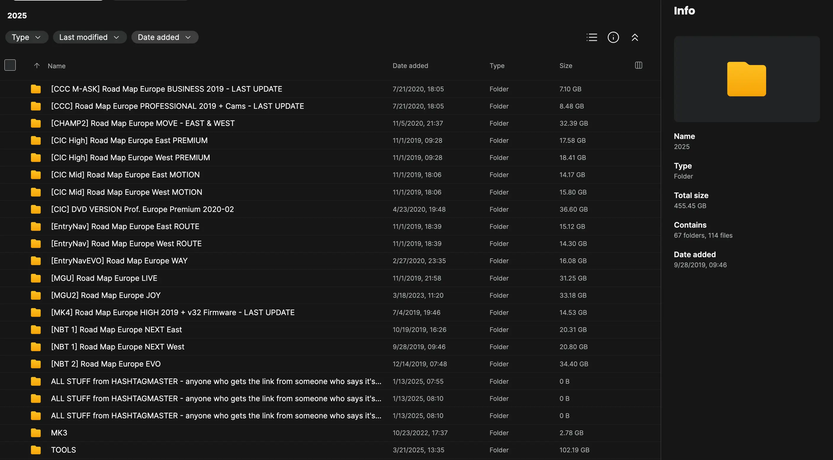 BMW Road Map Europe 2025 archive structure with folders for CCC, CIC, CHAMP2, EntryNav, NBT, EVO, MGU and tools.