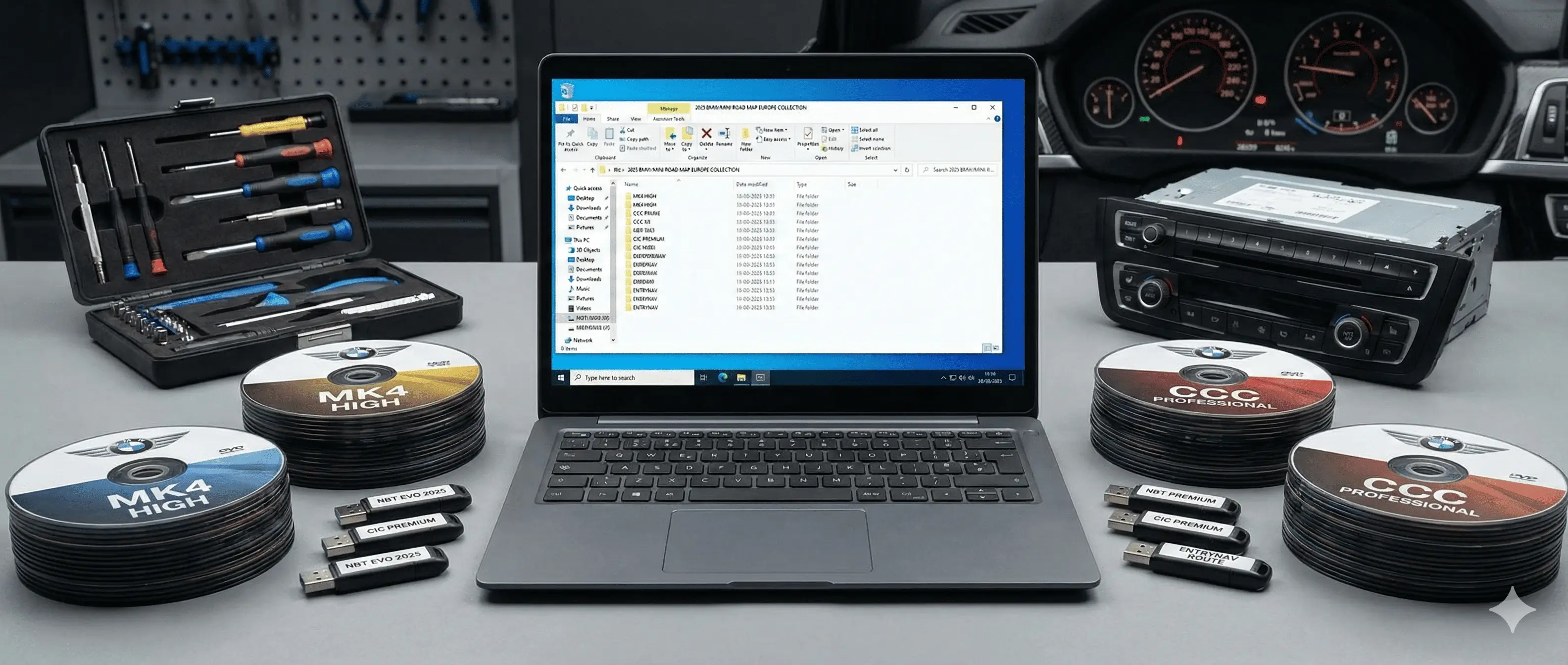 BMW navigation desk with laptop, MK4 HIGH DVDs and NBT EVO 2025 USB sticks displaying Europe map collection folders.
