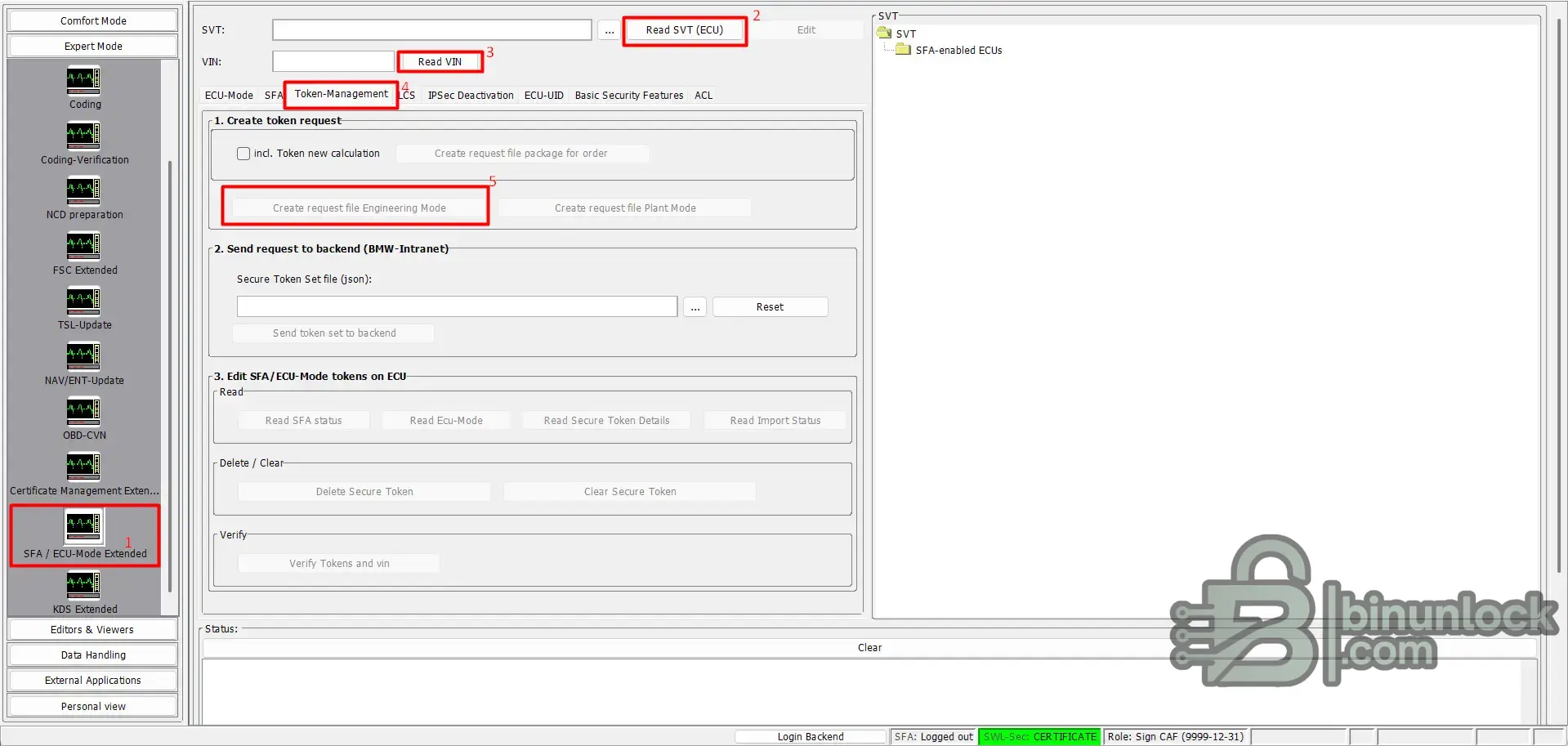 E-Sys Token-Management screen for creating the Engineering Mode A50C SFA token request for the SME module.