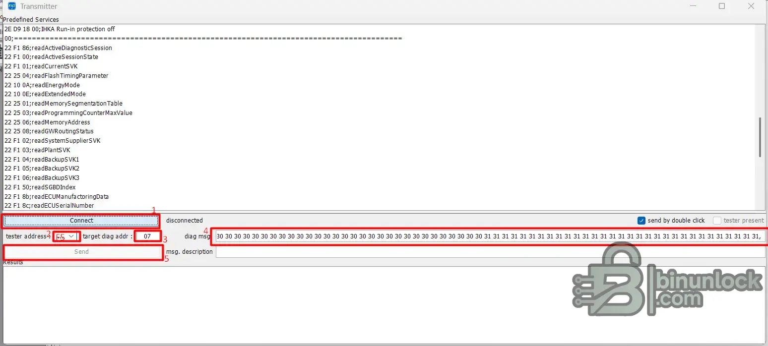 Transmitter window configured with tester address F5 and target diagnostic address 07 for writing HVS cell data to the SME.