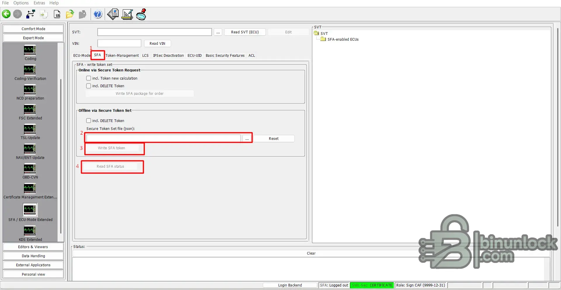 E-Sys SFA screen for selecting the Secure Token Set JSON file and writing the SFA token to the SME module.